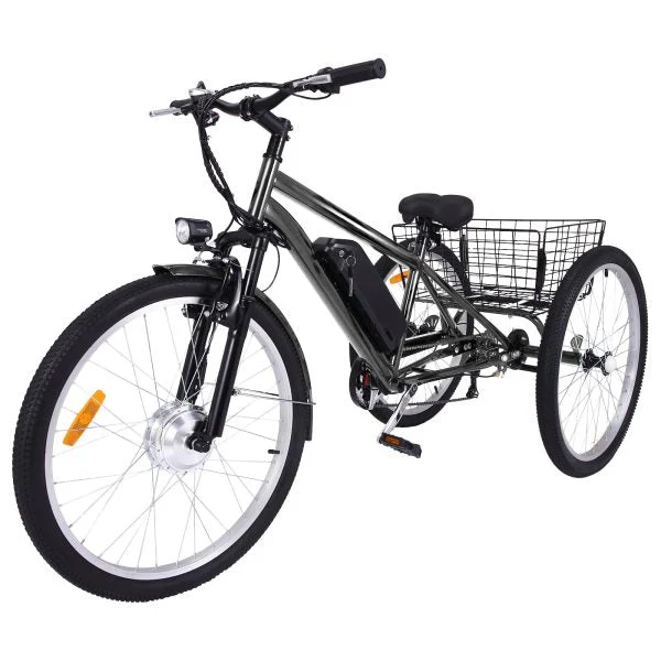 26 Inch Adult 3 Wheel Electric Tricycle with Basket, Fat Tires,7 Speeds,350W Powerful Motor, 36V 10Ah Removable Battery Dark Gray