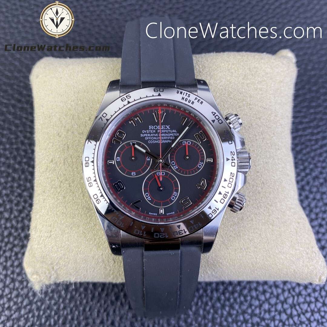 Rolex Super Clone Watches 1:1 Daytona Black/Red Dial Rubber Strap M116519 4130 Movement