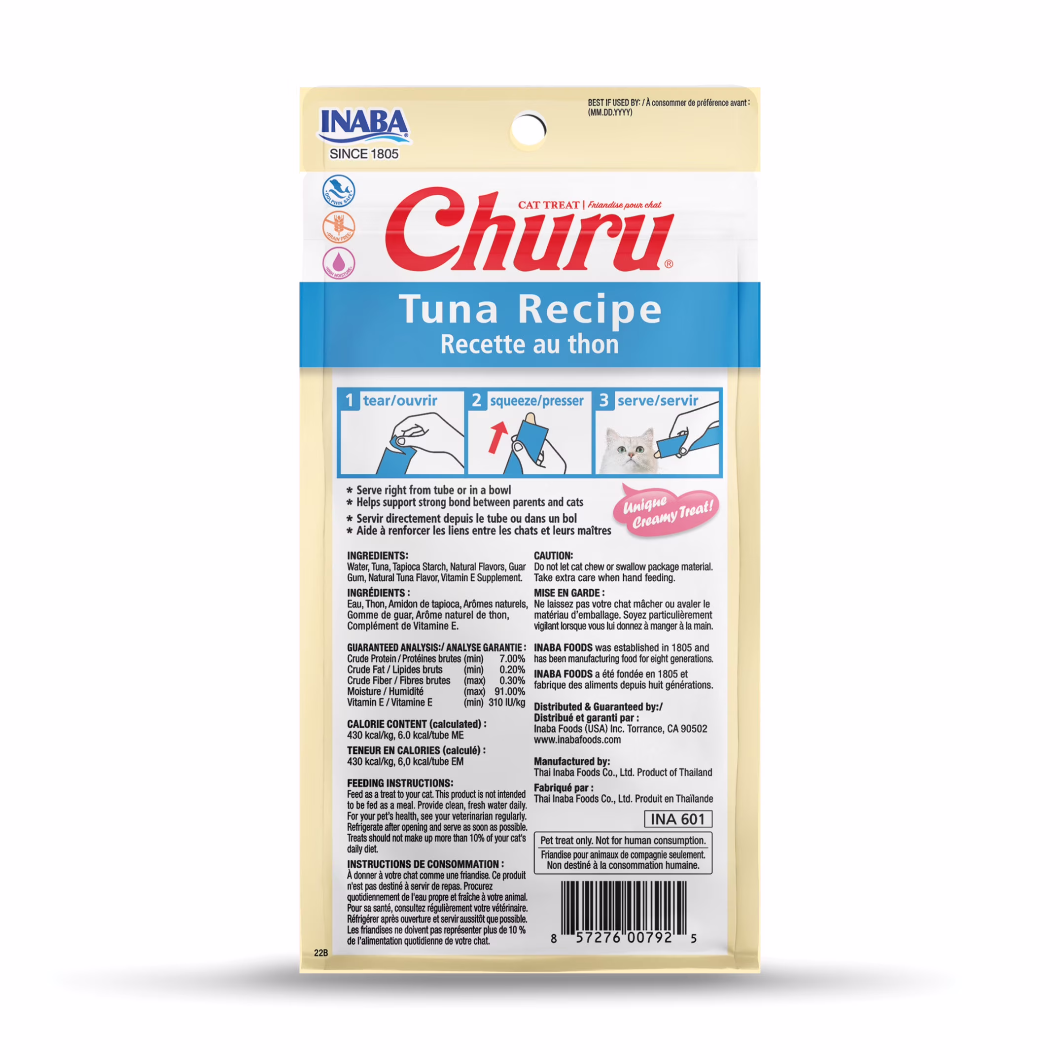 INABA Churu Cat Treats, Creamy Lickable Purée Cat Treat with Vitamin E, 0.5 Ounces Each Tube, 4 Tubes, Tuna Recipe