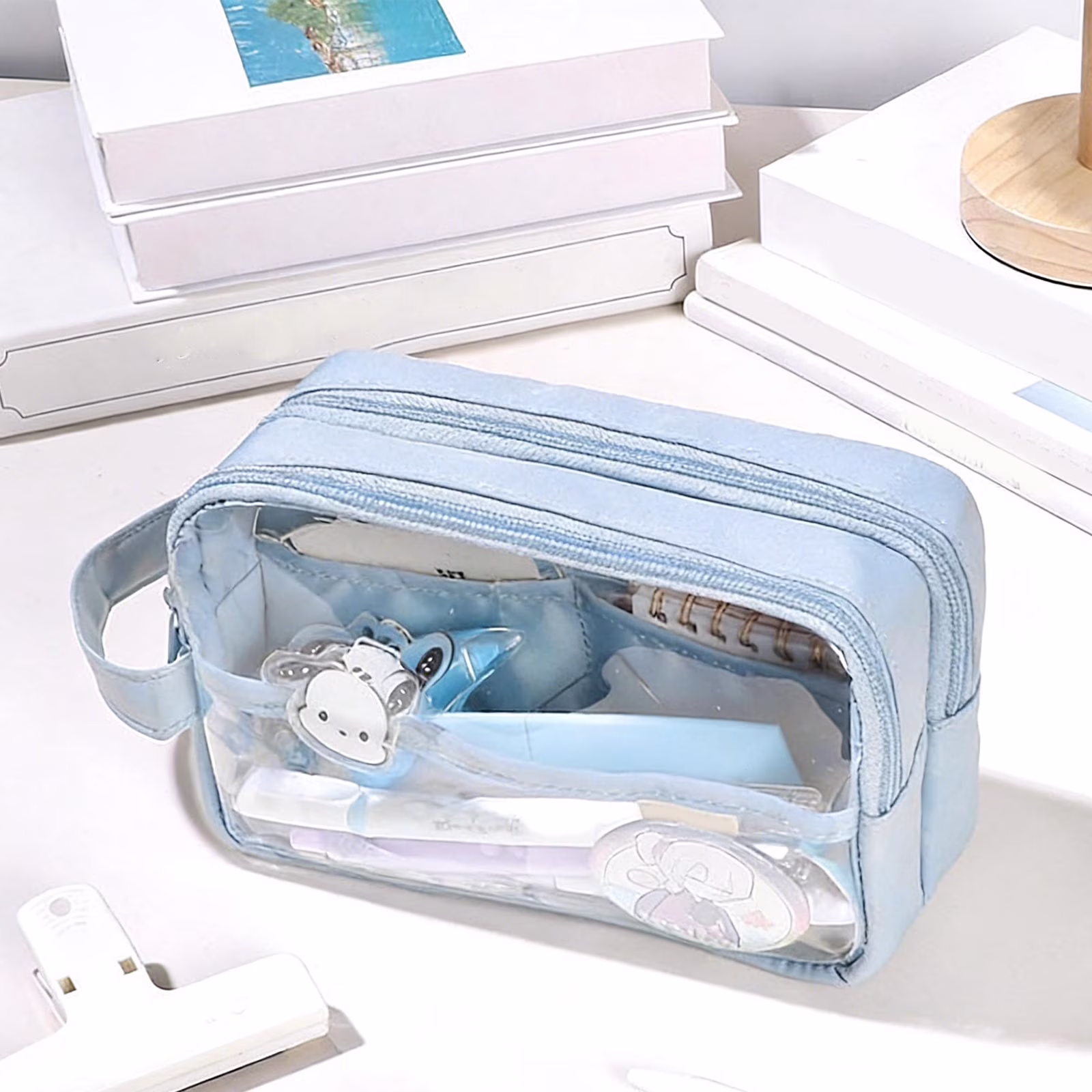 Lzobxe Pencil Pouch Large Capacity Pencil Case with Zipper and Clear Window, Stationery Holder Cosmetic Bag with Handle for College, Office, Travel