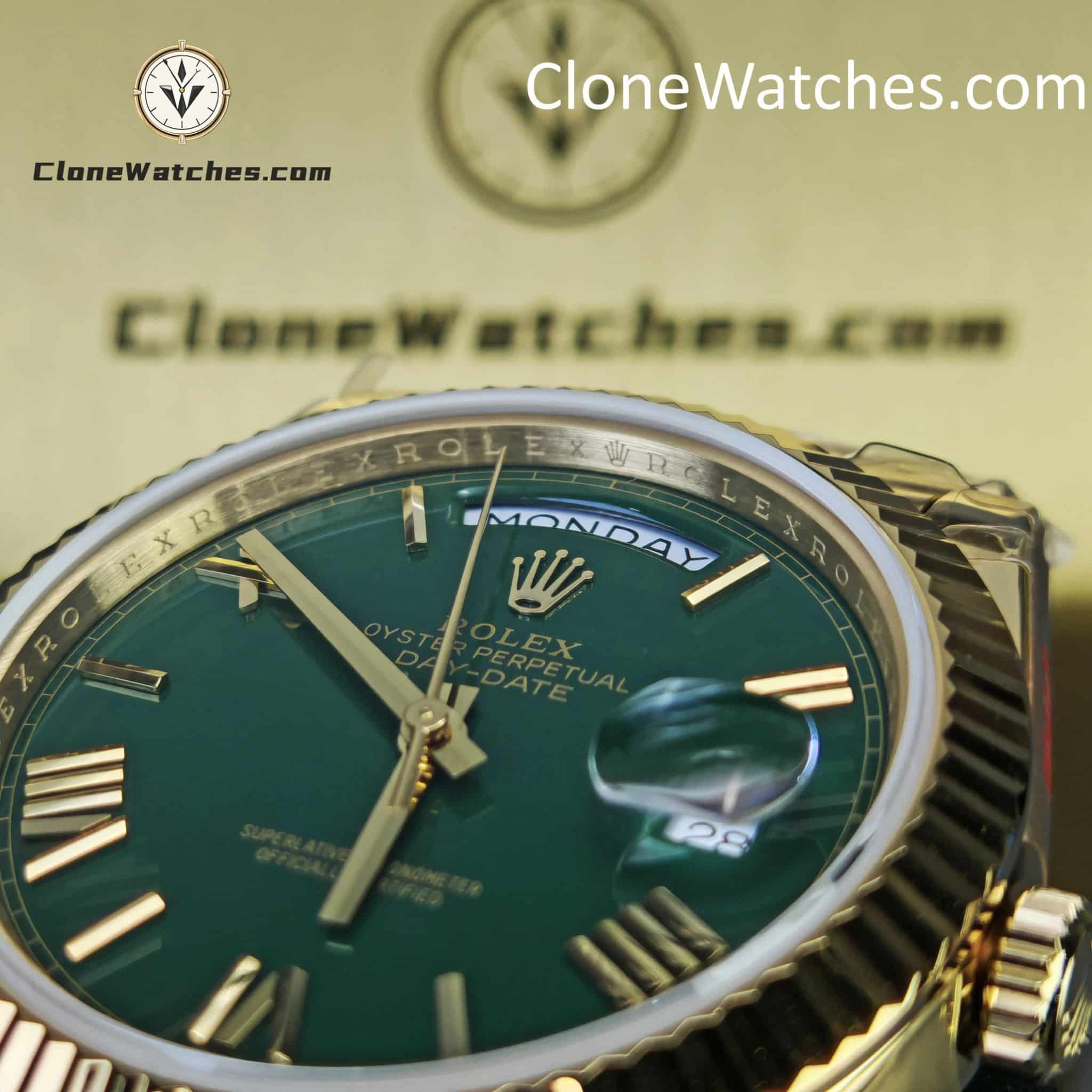 Rolex Super Clone Watches 1:1 Day Date 18K Gold Green Roman Dial 40mm m228238 3255 Movement