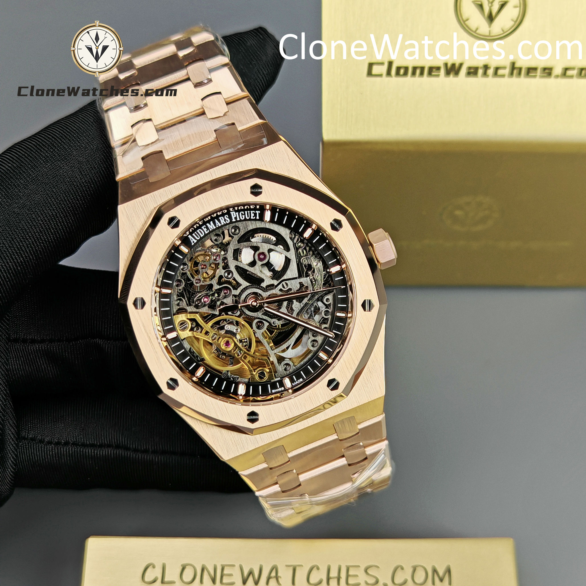 Audemars Piguet Super Clone Watches 1:1 Royal Oak Rose Gold 15407 Skeleton Dial