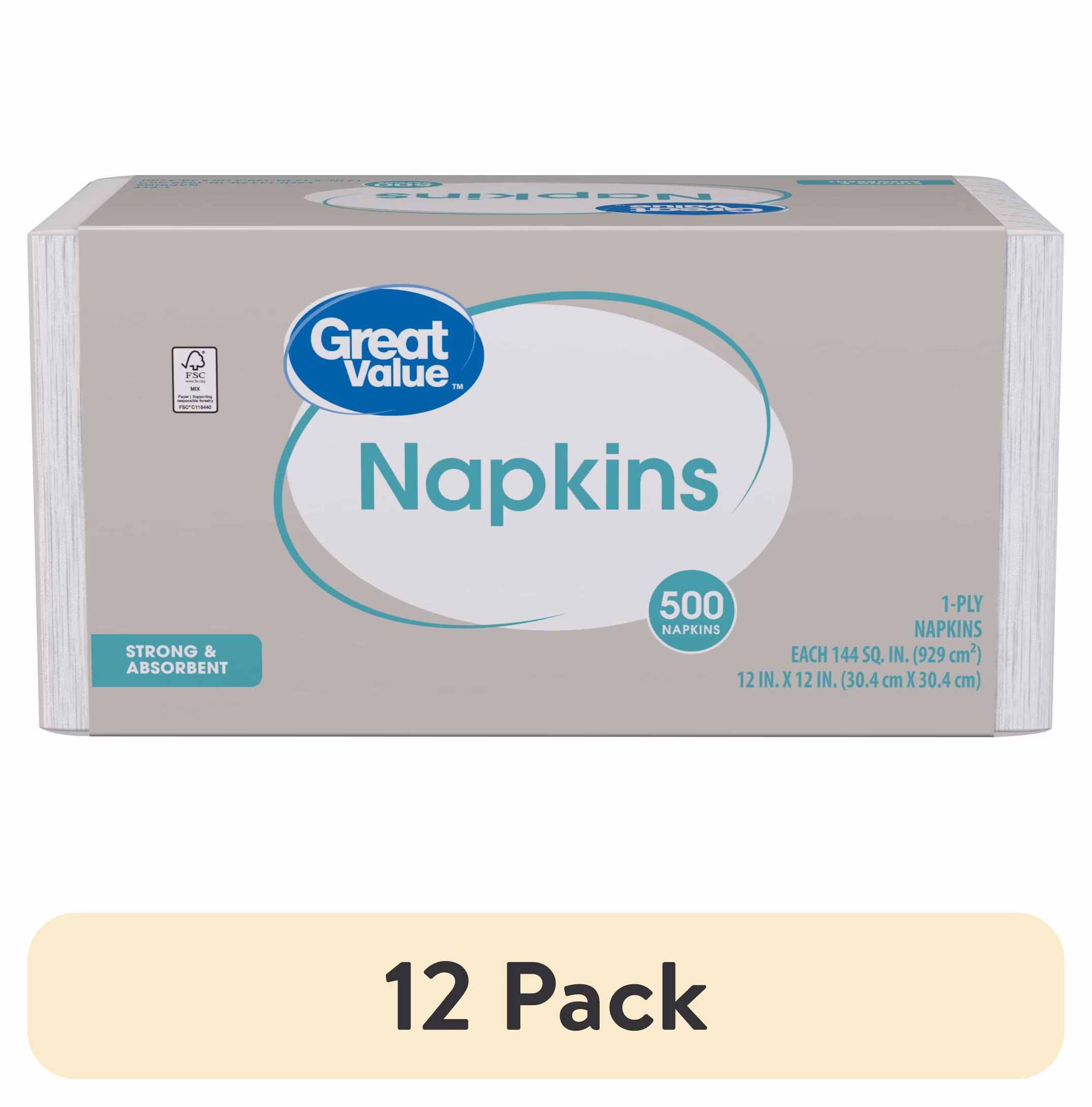 Great Value White Disposable Paper Napkins, 12 in x 12 in, 500 Count