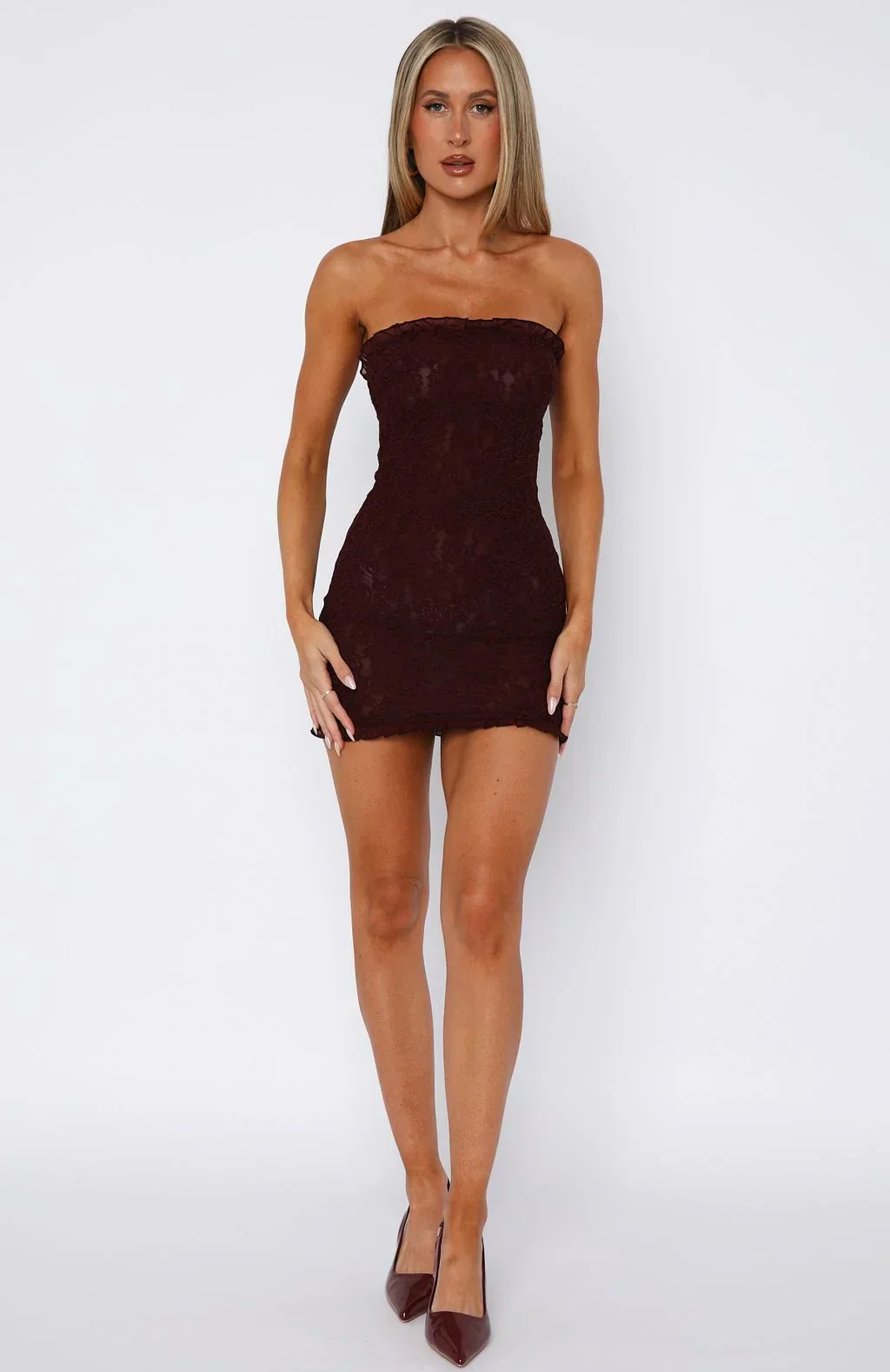 Mistress Strapless Lace Mini Dress Burgundy