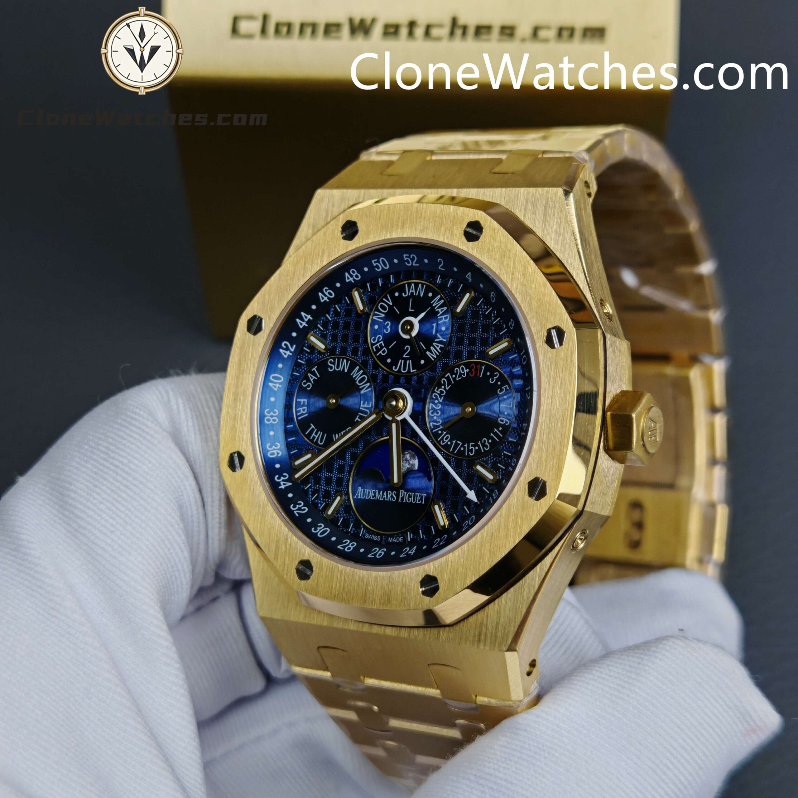 Audemars Piguet Super Clone Watches 1:1 Royal Oak Perpetual Calendar 18K Gold Plated Blue Dial 26574BA 41MM