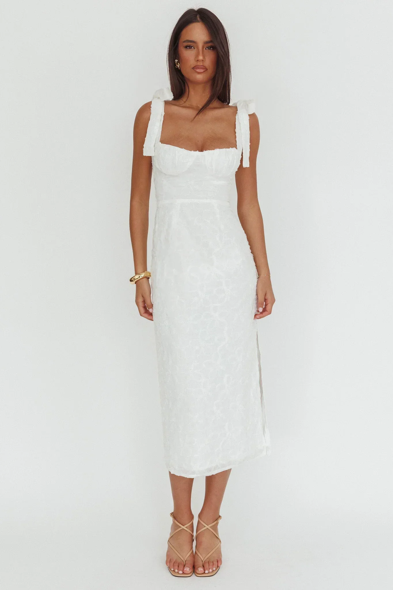 Cupid Tied Shoulder Embellished Midi Dress White