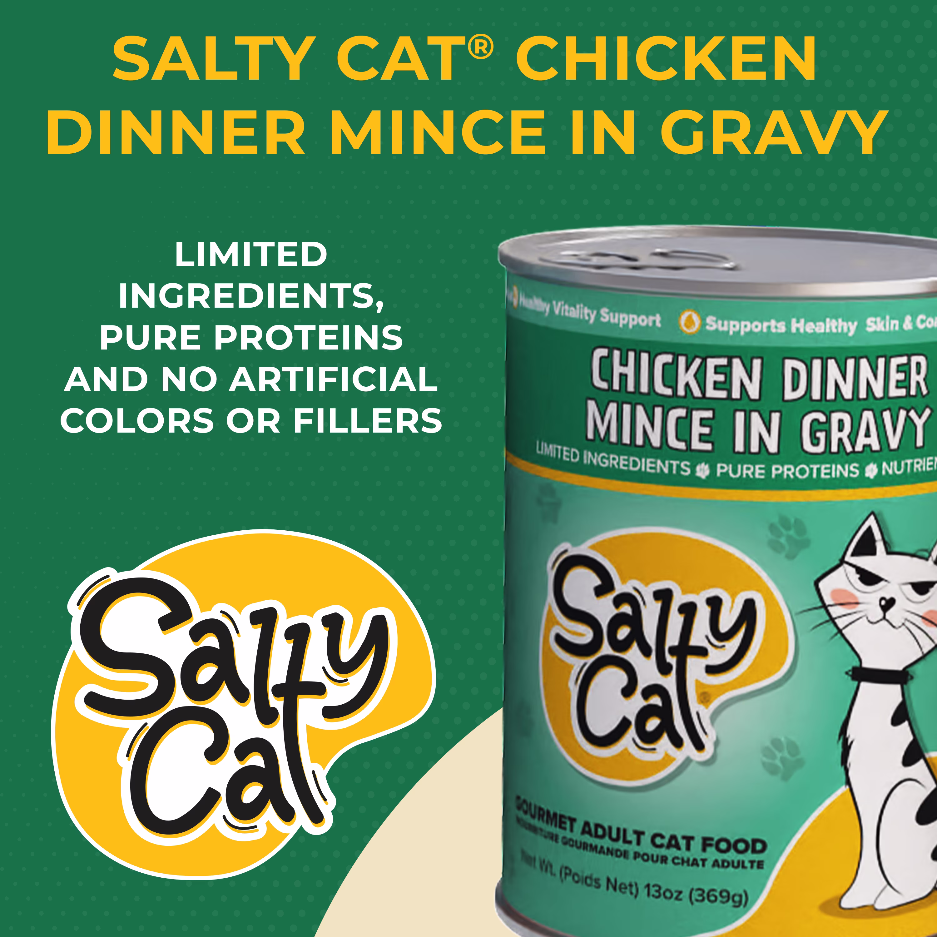 (6 pack) Salty Cat Chicken Dinner Mince in Gravy Wet Cat Food, 13 oz. Can