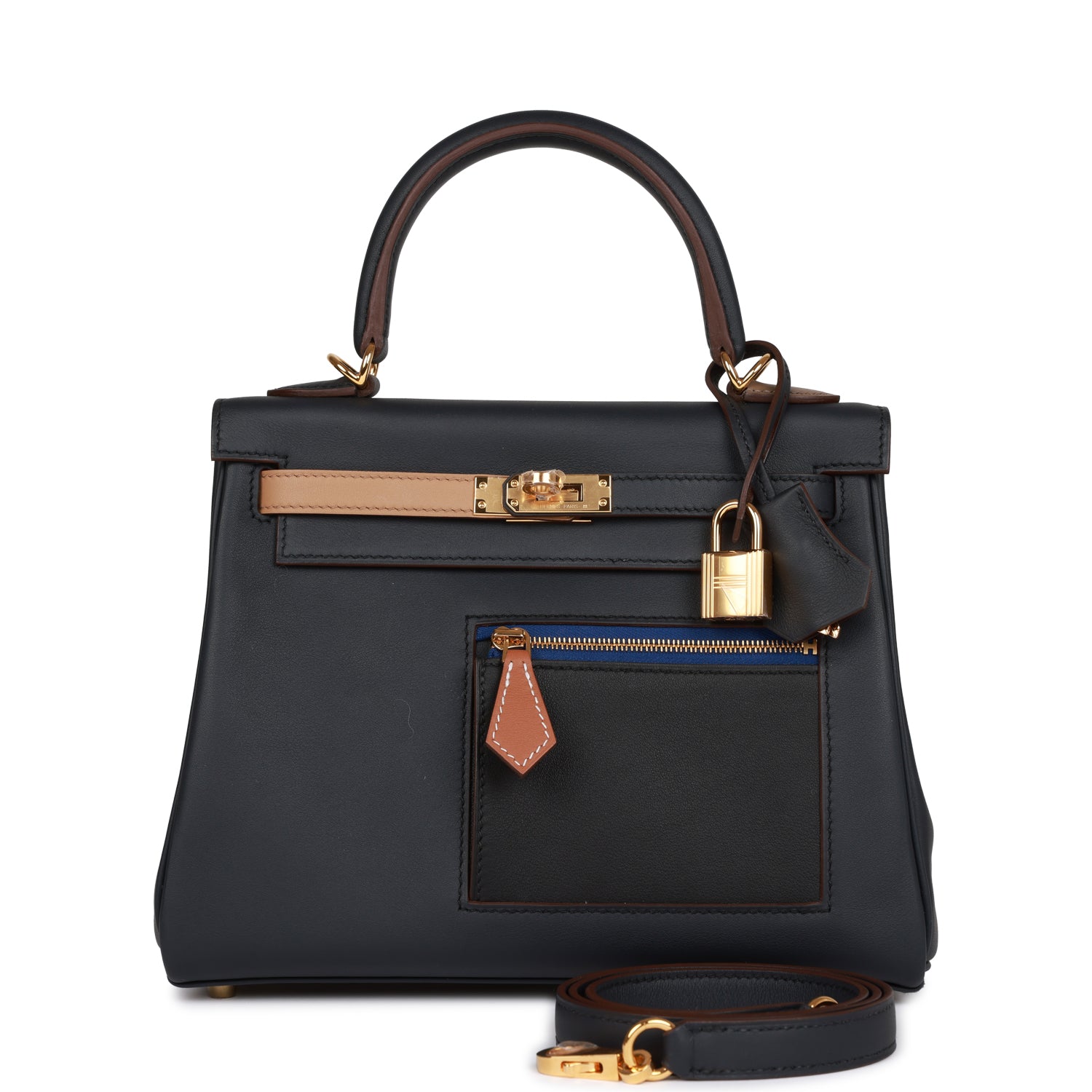 Hermes Colormatic Kelly Retourne 25 Caban. Black and Chai Swift Gold Hardware