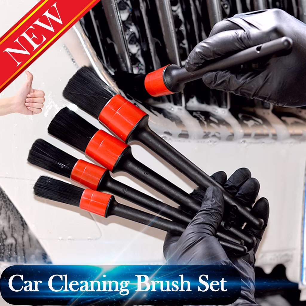 PBAZIH Natural Boar Hair Detailing Brush Set for Car Cleaning, Auto Detailing Tools for Interior and Exterior, Professional Grade Soft Brushes for Detailing Cars, Trucks, Motorcycles