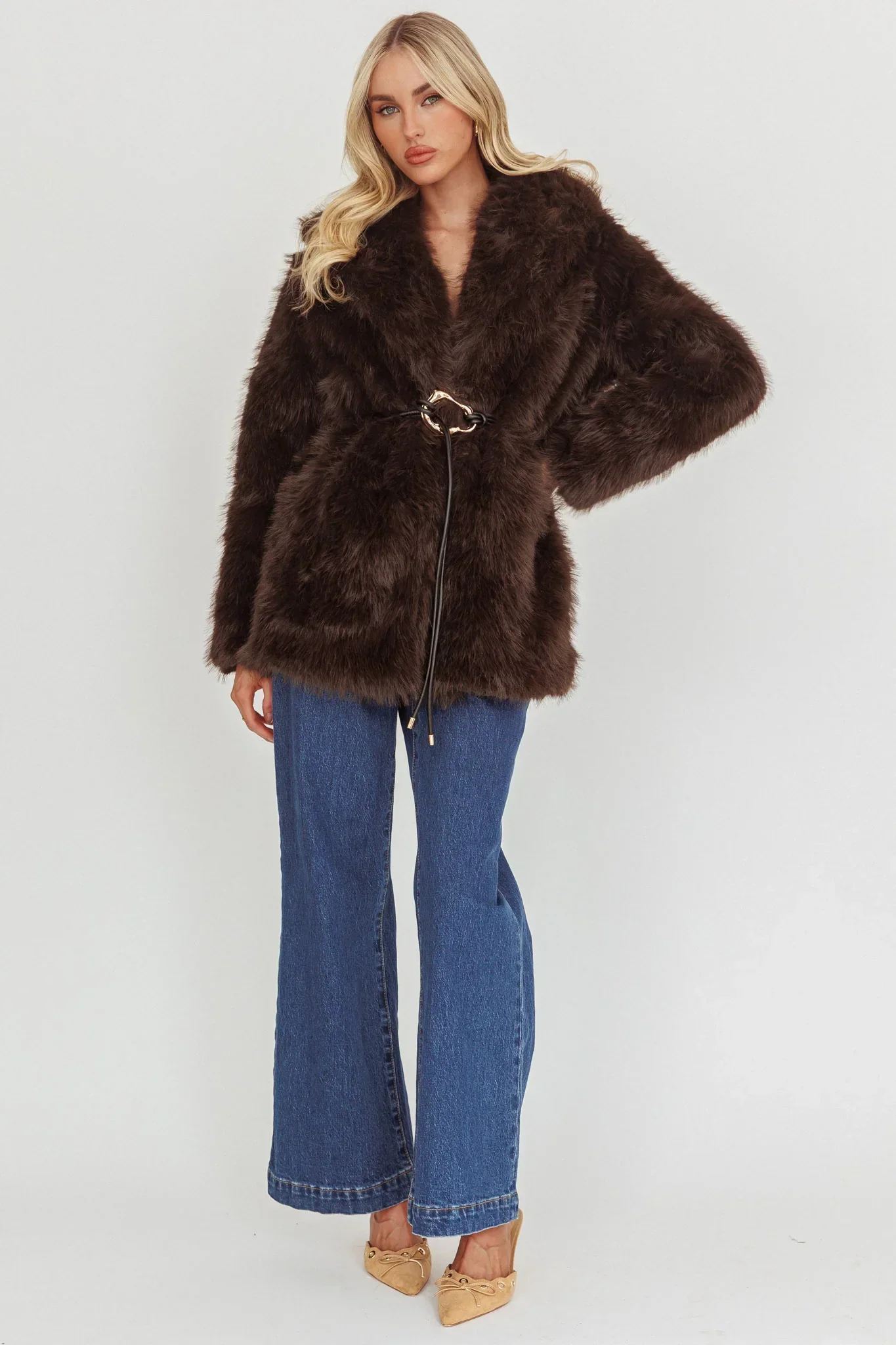 Brisa Belted Lapel Coat Faux Fur Brown