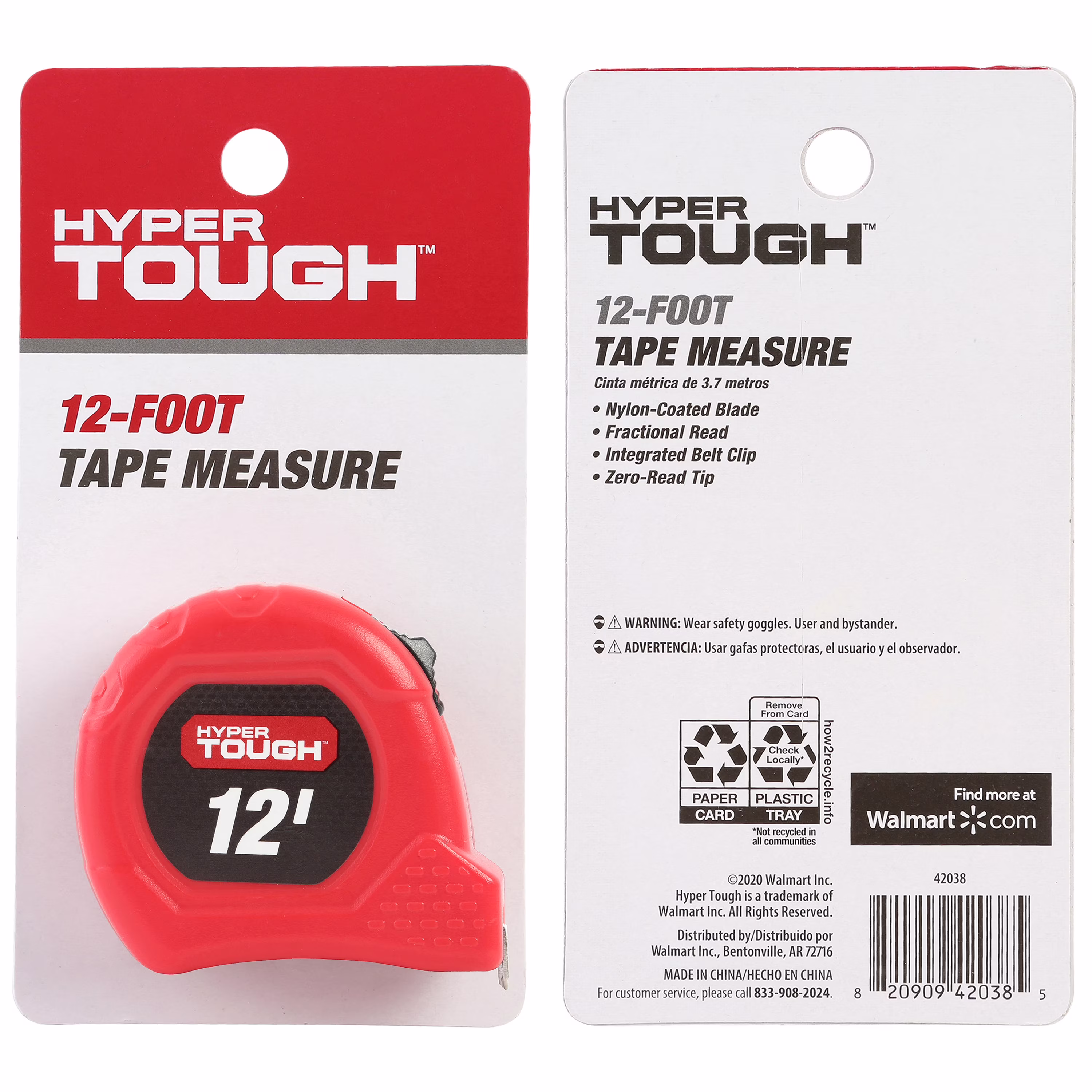 Hyper Tough Tape Measure, 12 ft, Nylon Coated Blade, VN-42038