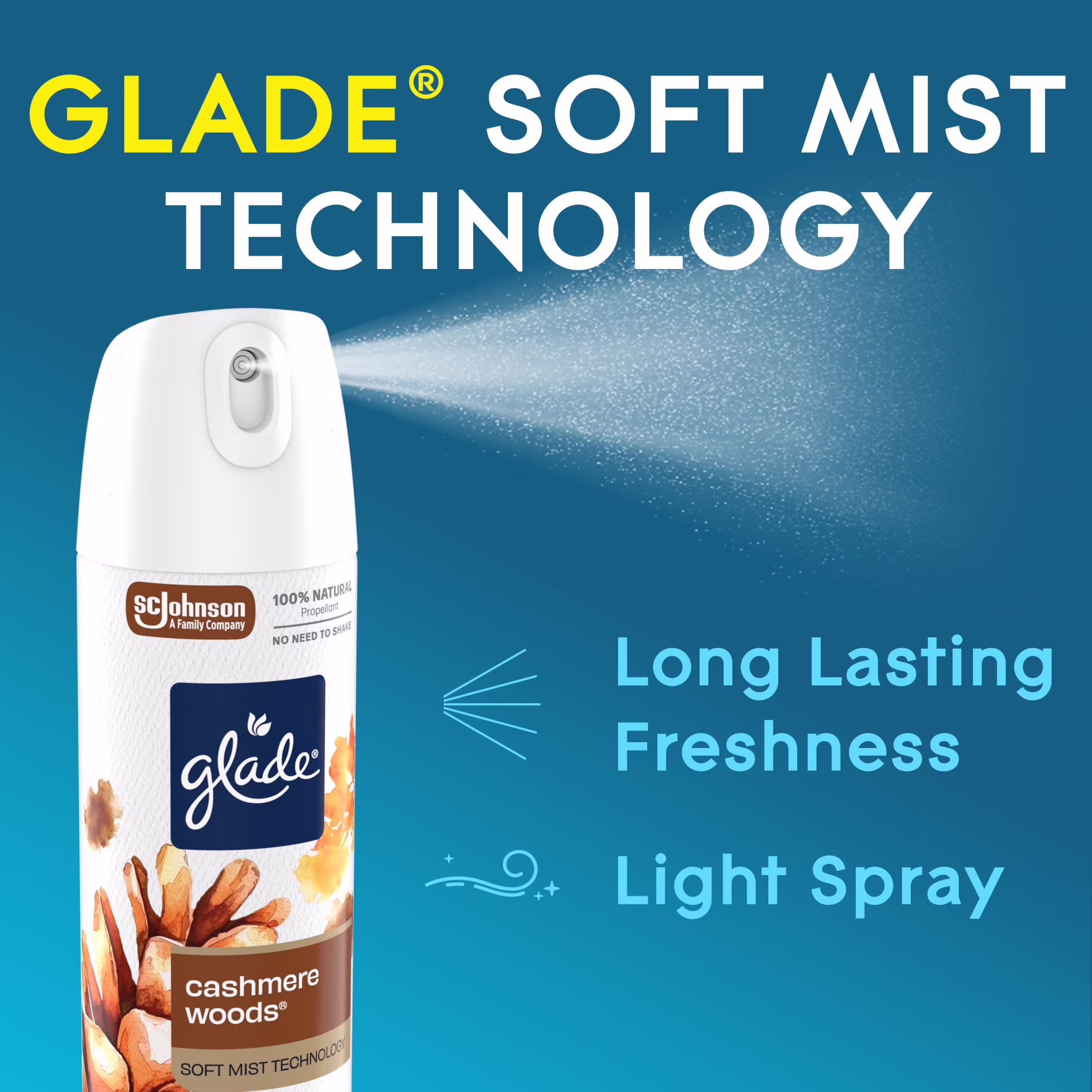 Glade Soft Mist Odor Fighting Aerosol Air Freshener Cashmere Woods 7.3oz