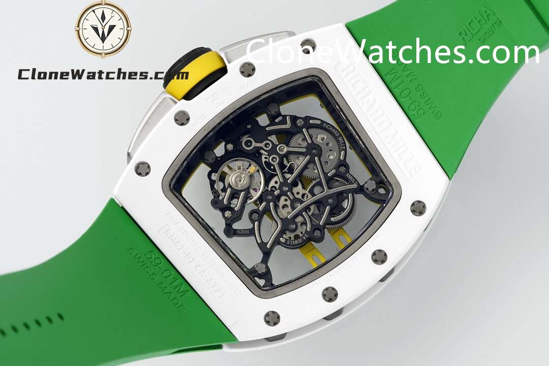 Richard Mille Super Clone Watches 1:1 RM 61-01 White Tourbillon Green Strap