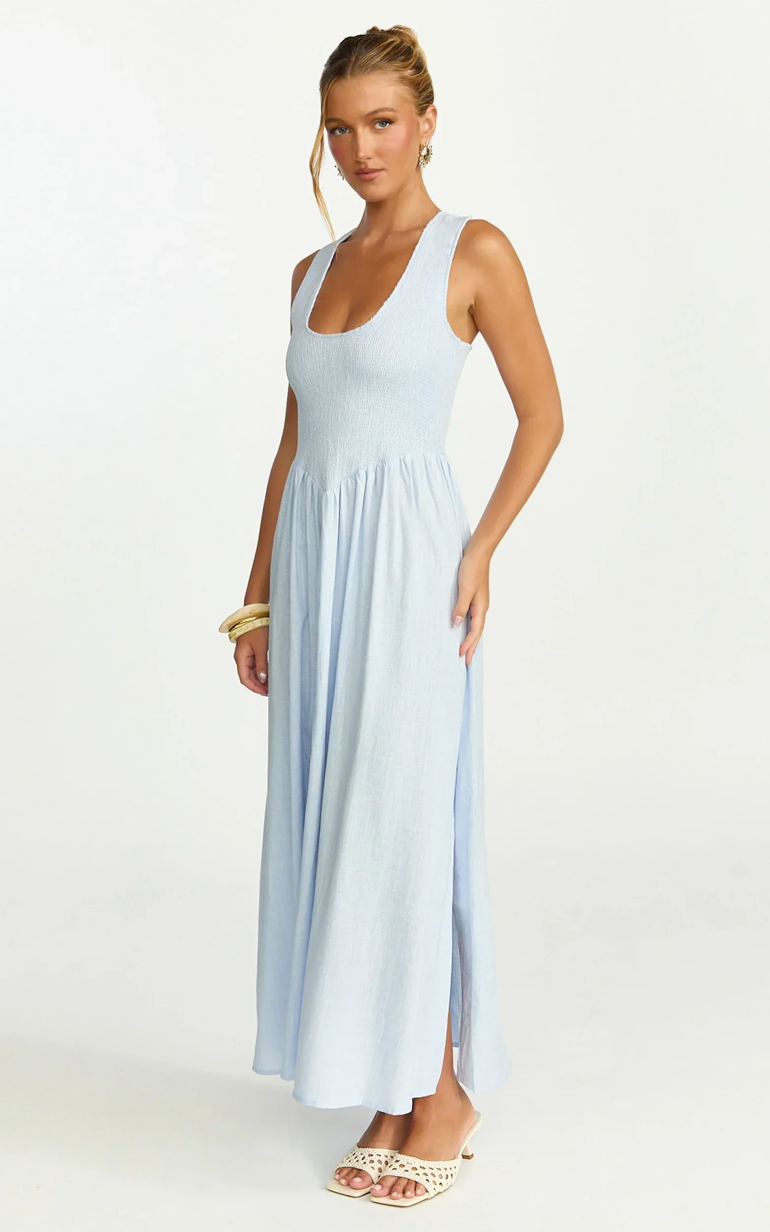 Luciana Maxi Dress - U Neck Smock Dress in Blue
