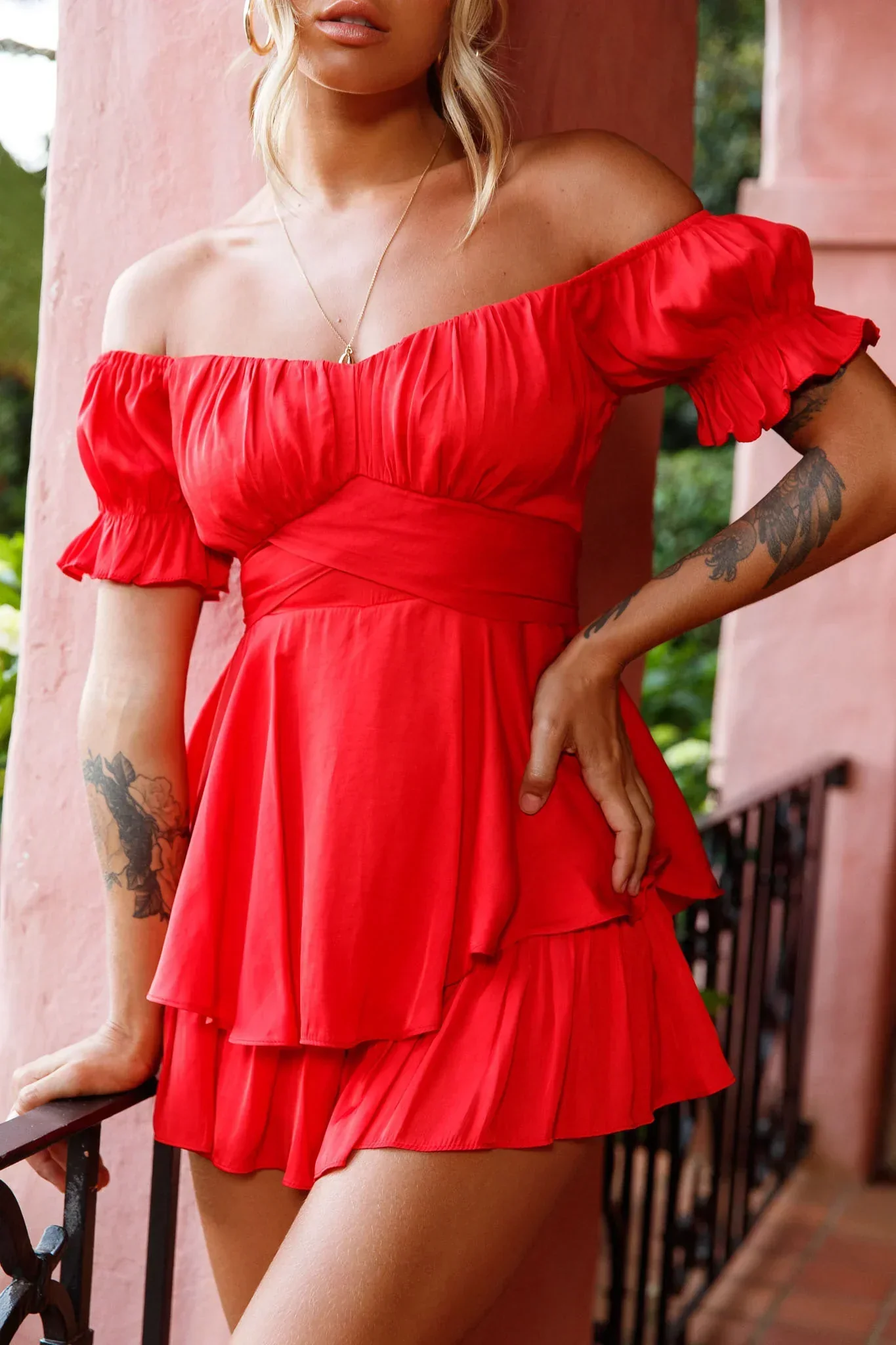 Linka Off-Shoulder Tie Back Romper Red