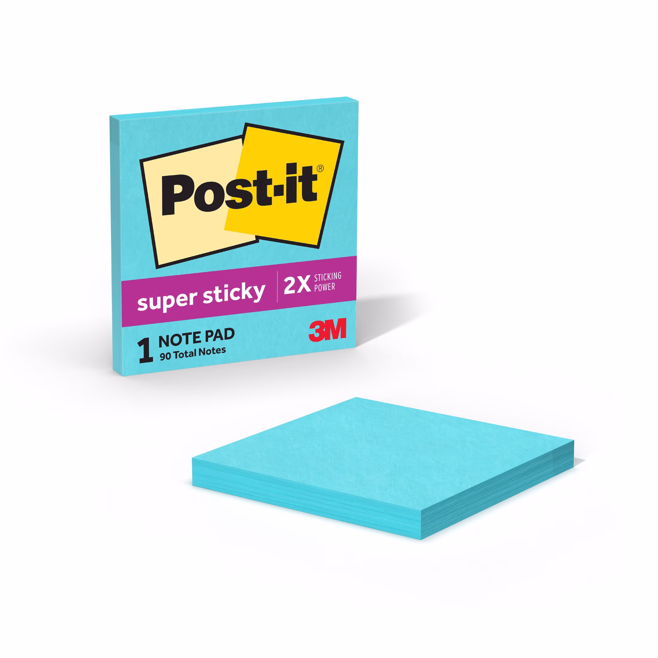 (2 pack) Post-it Super Sticky Notes, 3 in x 3 in, Aqua Blue, 1 Pad