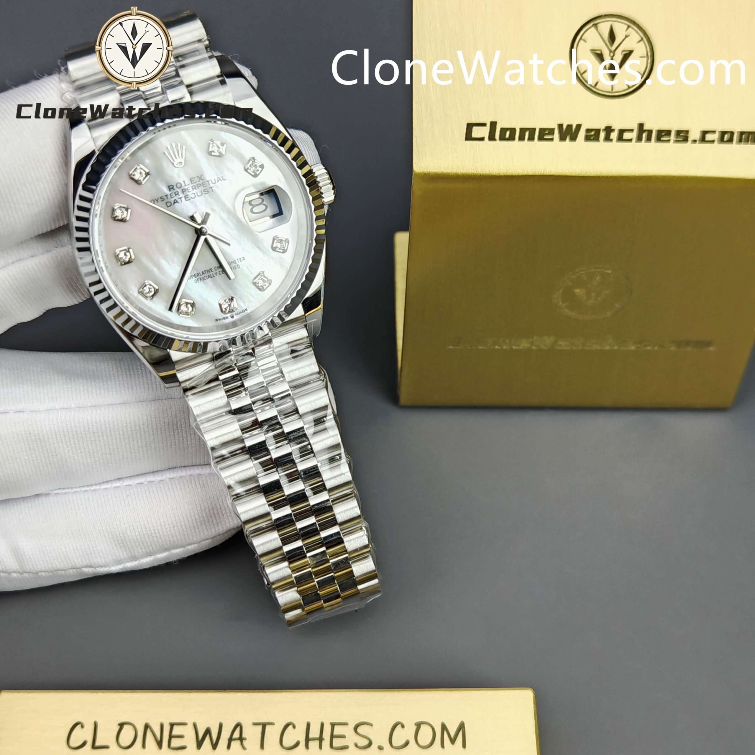 Rolex Super Clone Watches 1:1 DateJust Mother of Pearl Diamond Dial Jubilee 36MM m126234-0019 3235 Movement