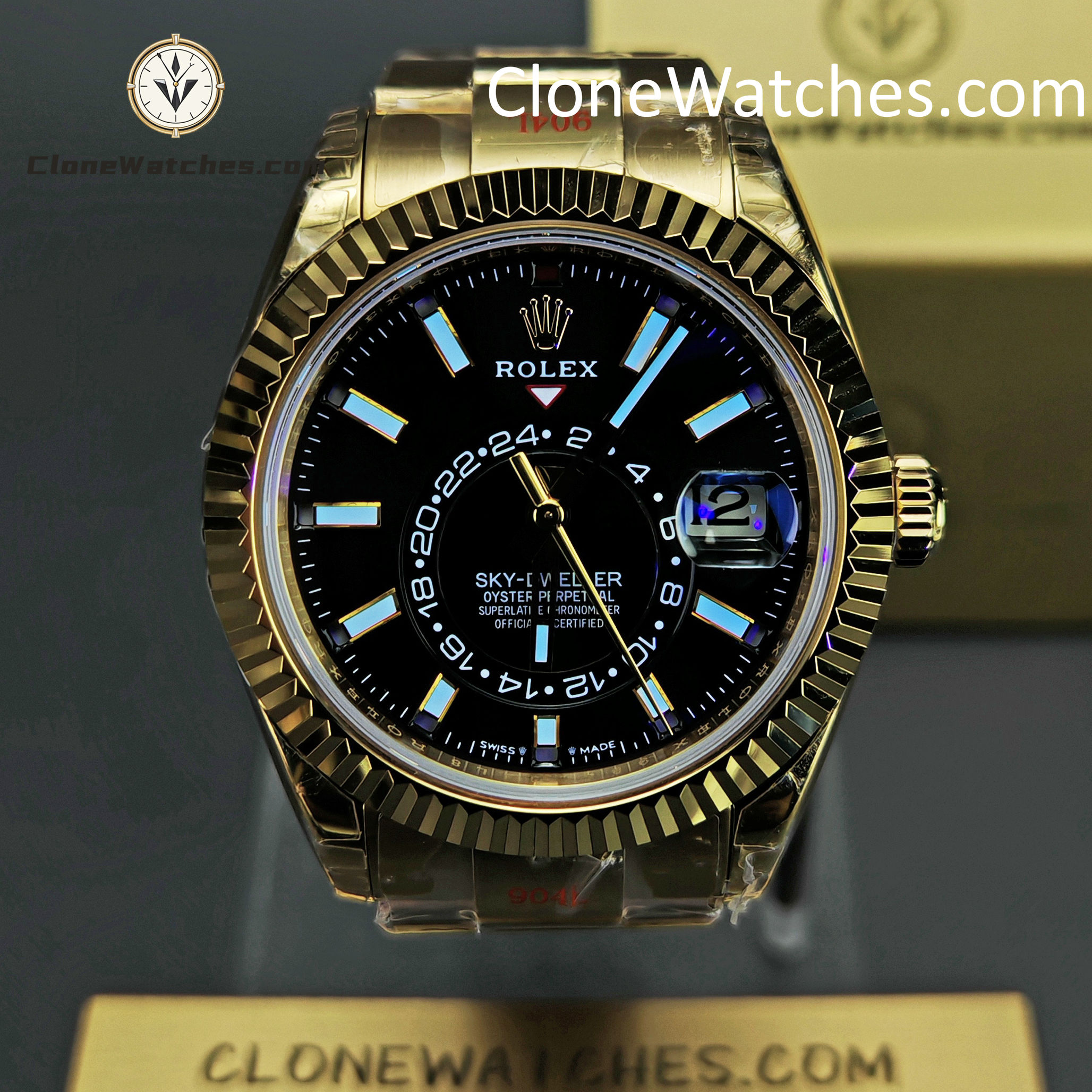 Rolex Super Clone Watches 1:1 Sky Dweller Yellow Gold Black Dial Oyster M336938-0002 9002 Movement