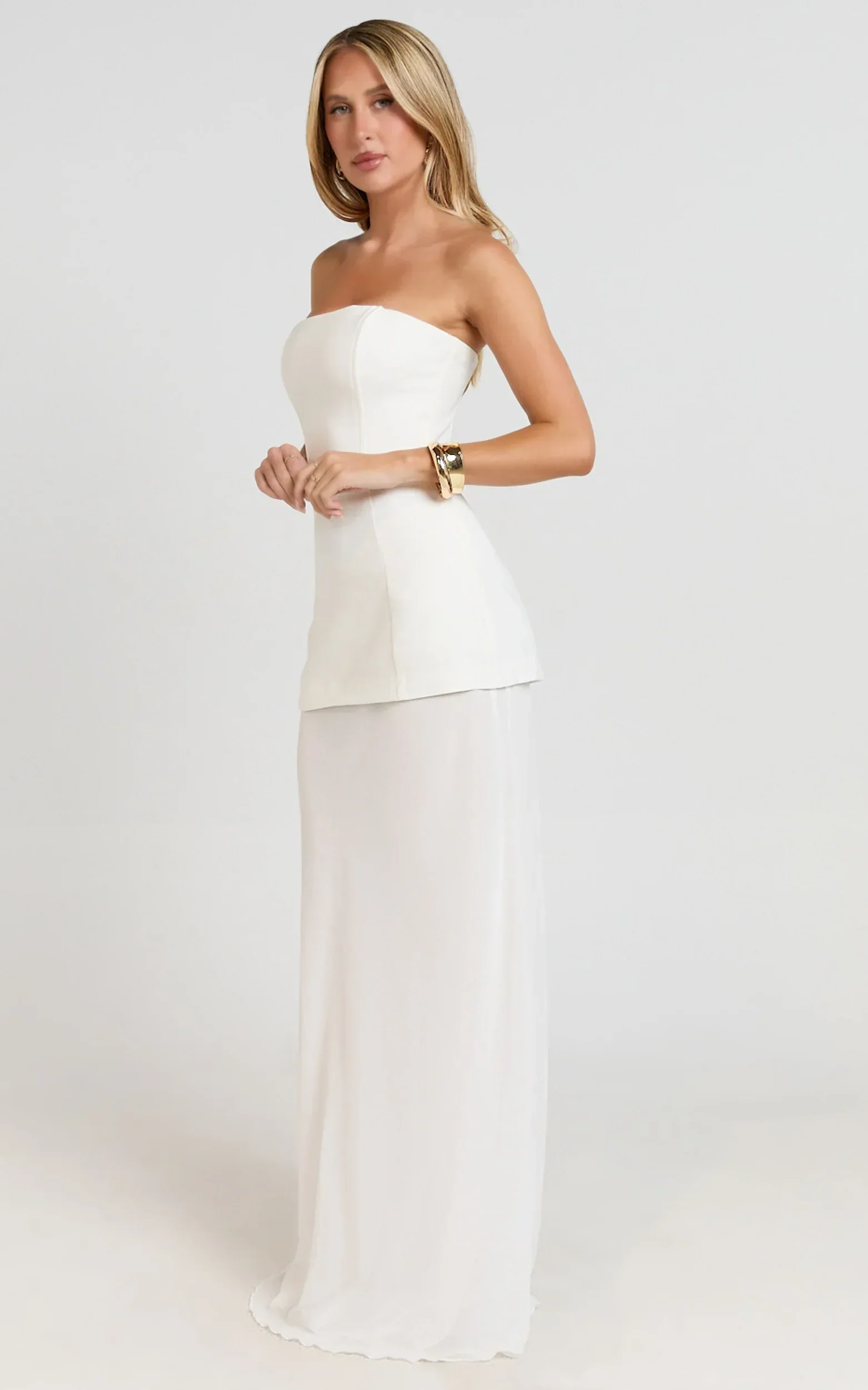 Keyla Maxi Dress - Strapless Contrast Skirt Dress in Ivory