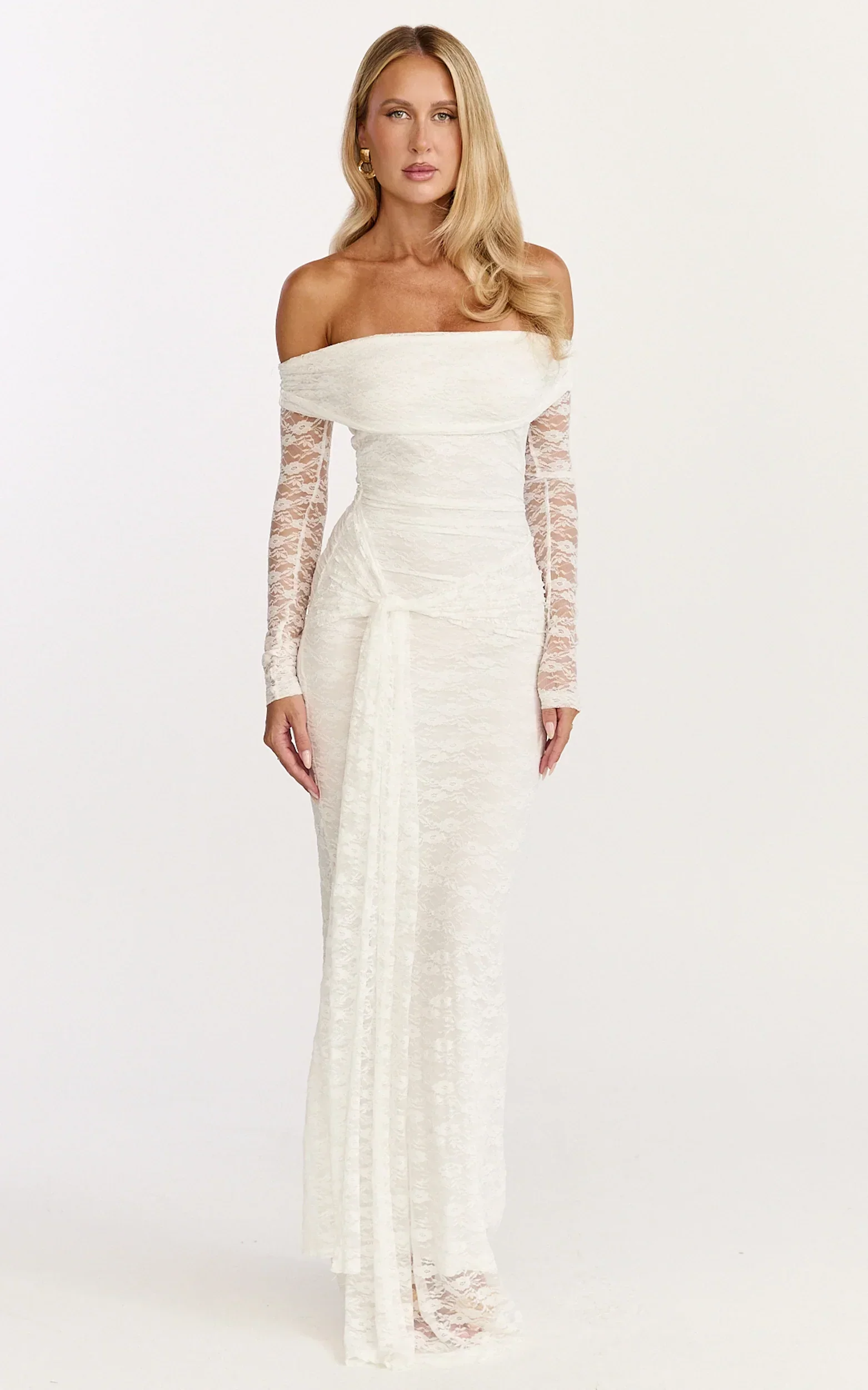 Melville Maxi Dress - Off Shoulder Long Sleeve Lace Dress in White