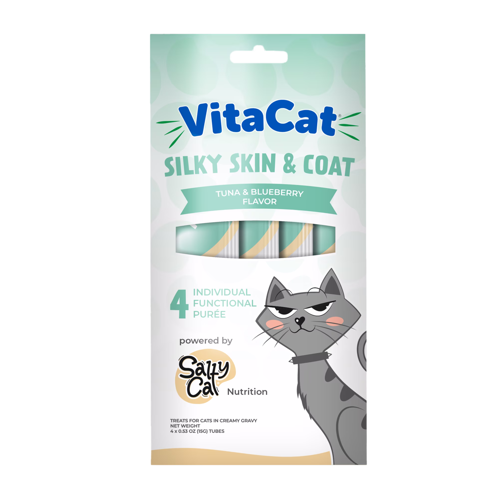 (4 pack) VitaCat by Salty Cat Silky Skin & Coat Tuna & Blueberry Flavor Soft Treats for Cats, 60g Pouch (4 Pack)