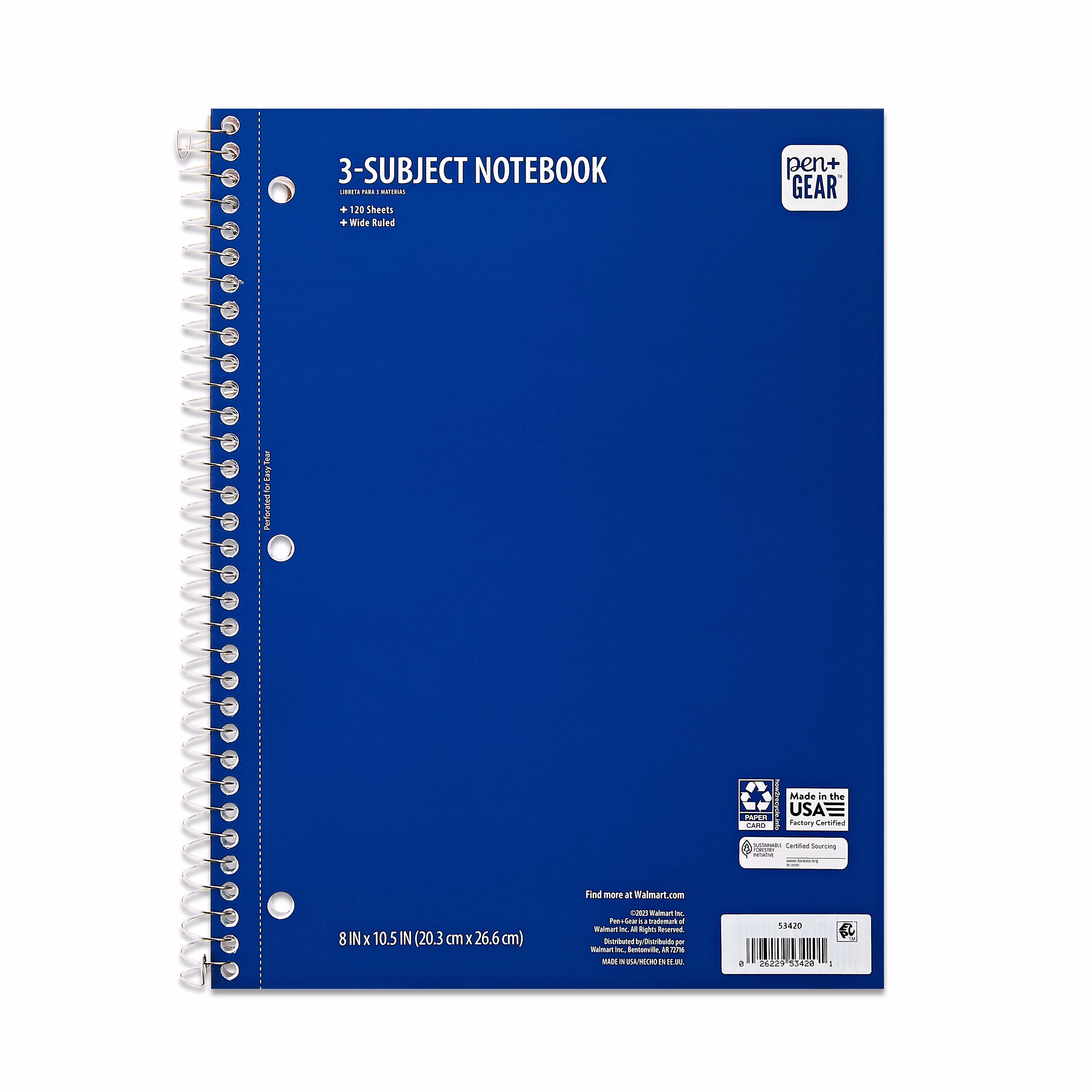 Pen+Gear Wide Ruled 3-Subject Notebook, 8 in x 10.5 in, Red, 120 Sheets