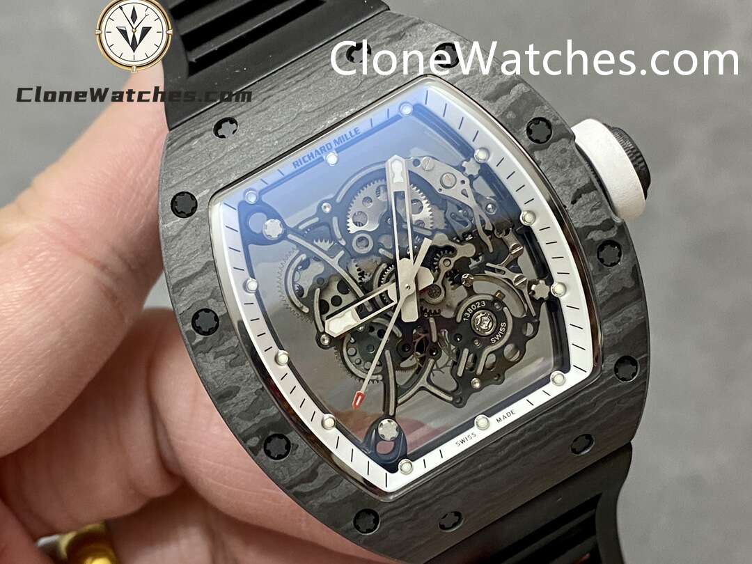 Richard Mille Super Clone Watches 1:1 RM 055 White Inner Bezel Carbon Tourbillon Black Strap