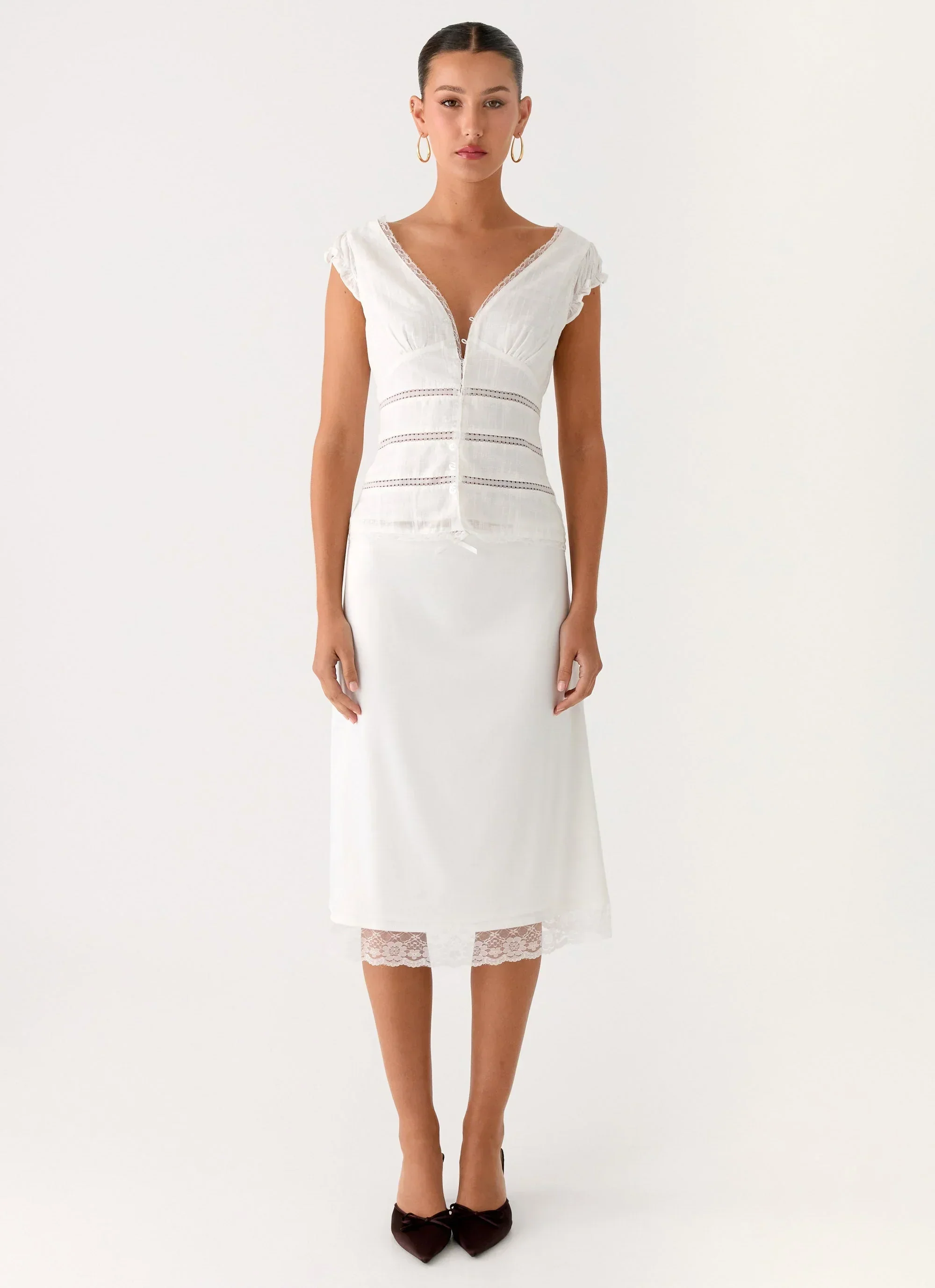 Rina Low Rise Satin Midi Skirt - White