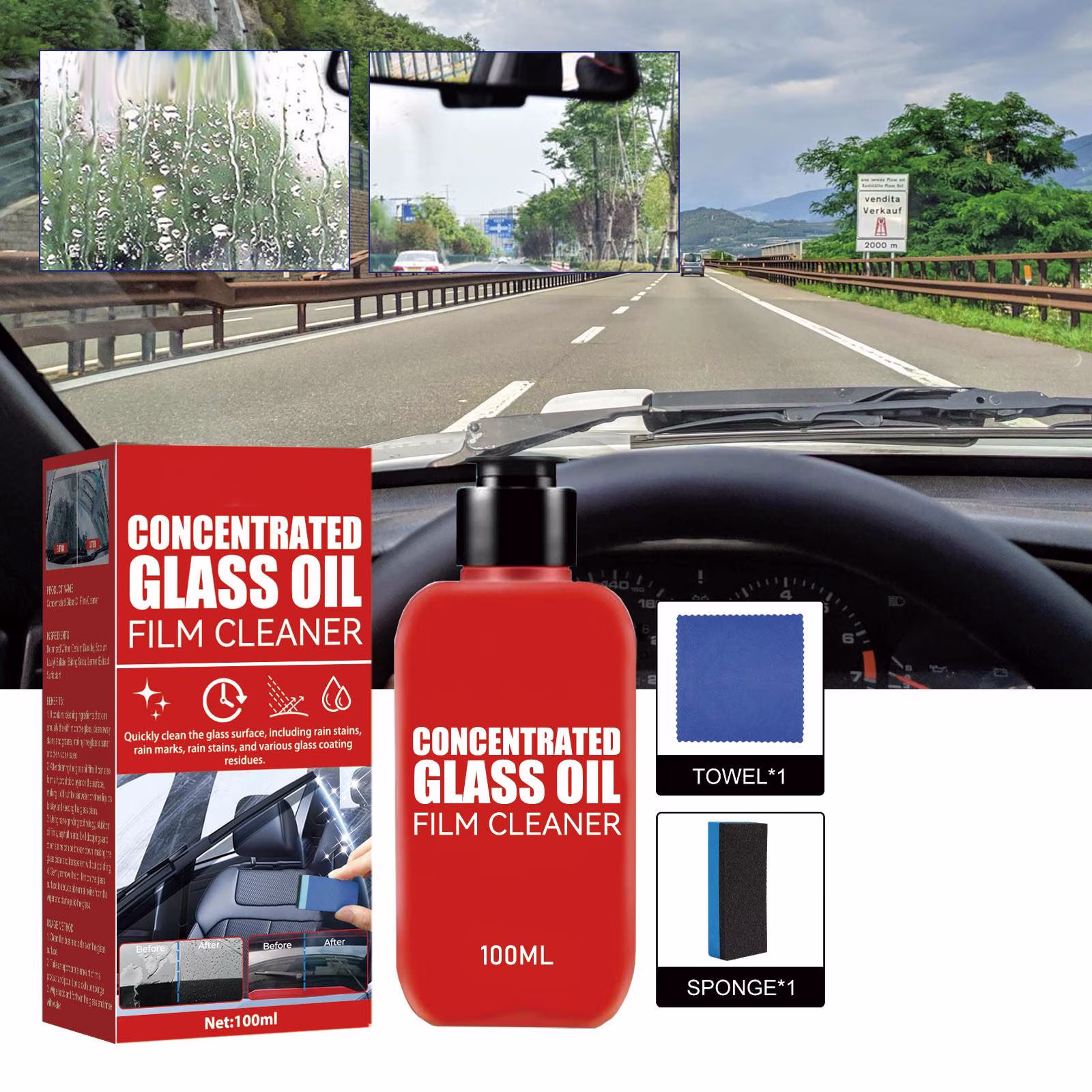 Jpxdew Concentrated Glass Oil Film Cleaner 100ml,Windshield Water Spot Remover Non Damaging,Wiper Noise Solution 4.9×2.1×1.1in