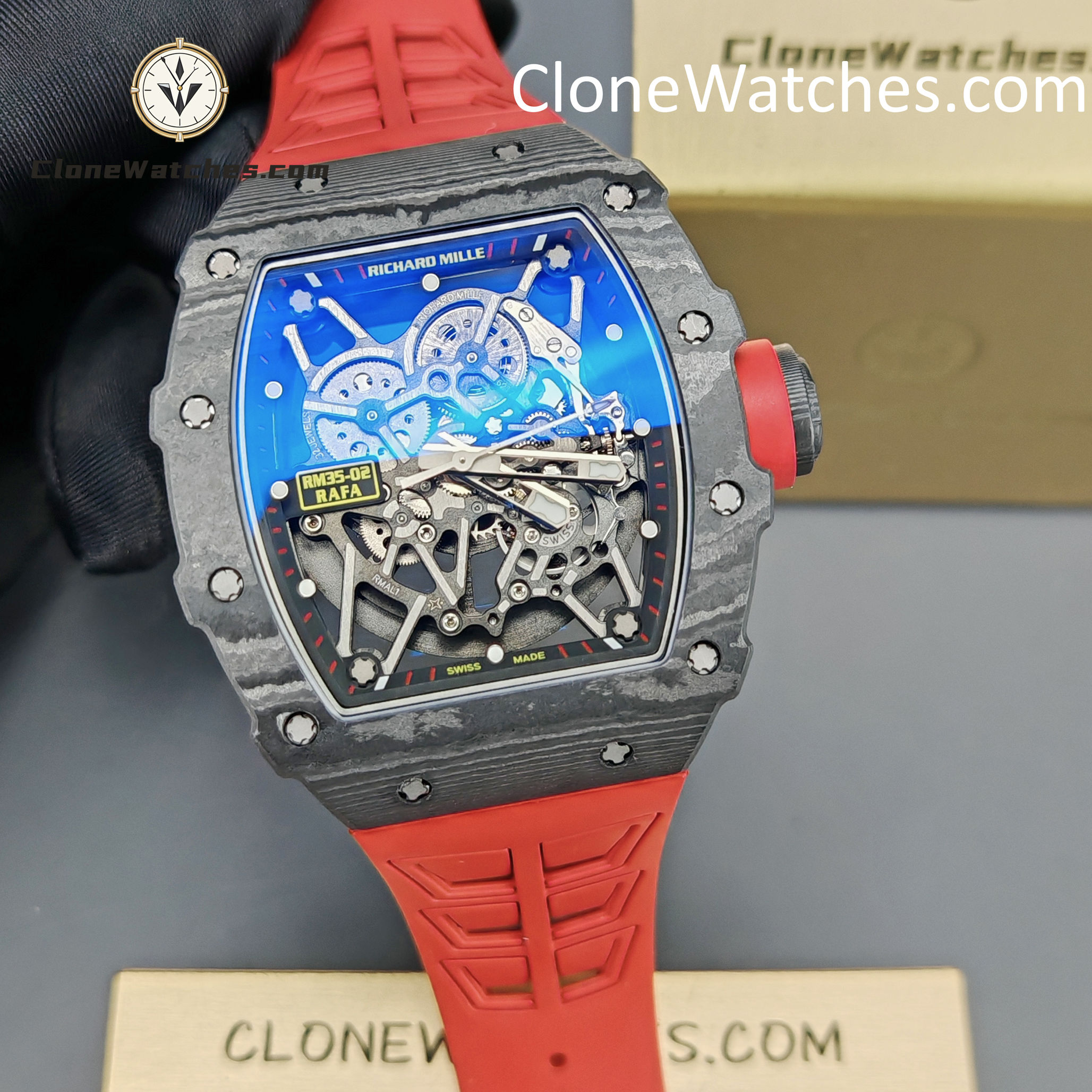Richard Mille Super Clone Watches 1:1 RM 035 – 02 NTPT Carbon Fiber Red Rubber Strap