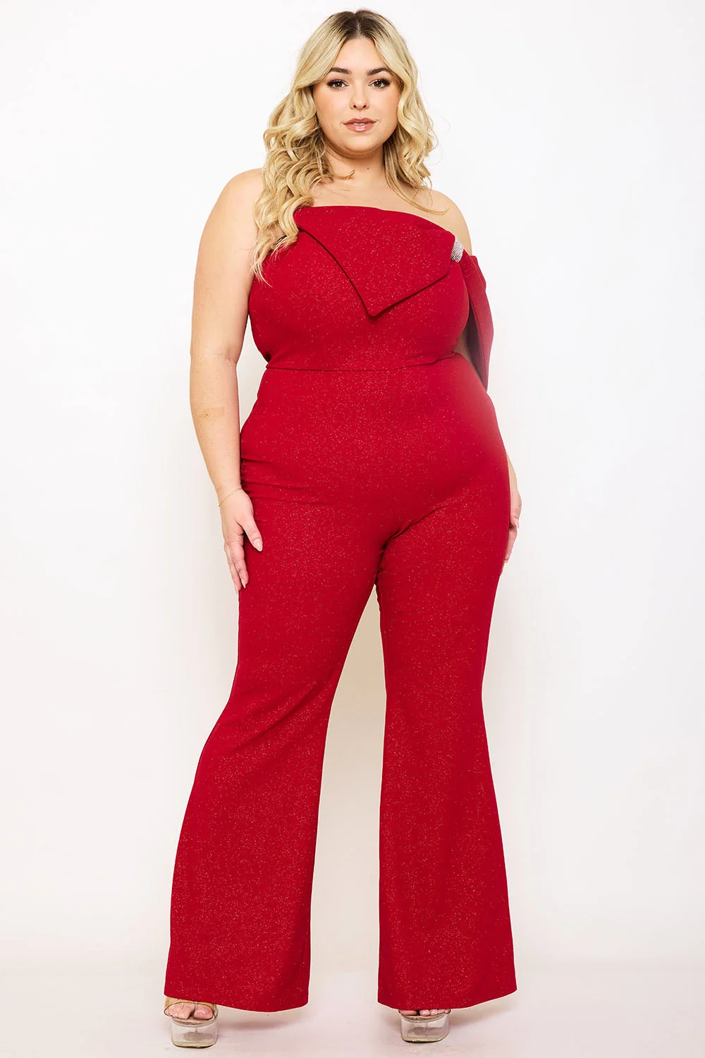 Plus Size Night Out Jumpsuit - Glitter Techno Crepe Large Bow Front Night Out Plus Size Jumpsuit