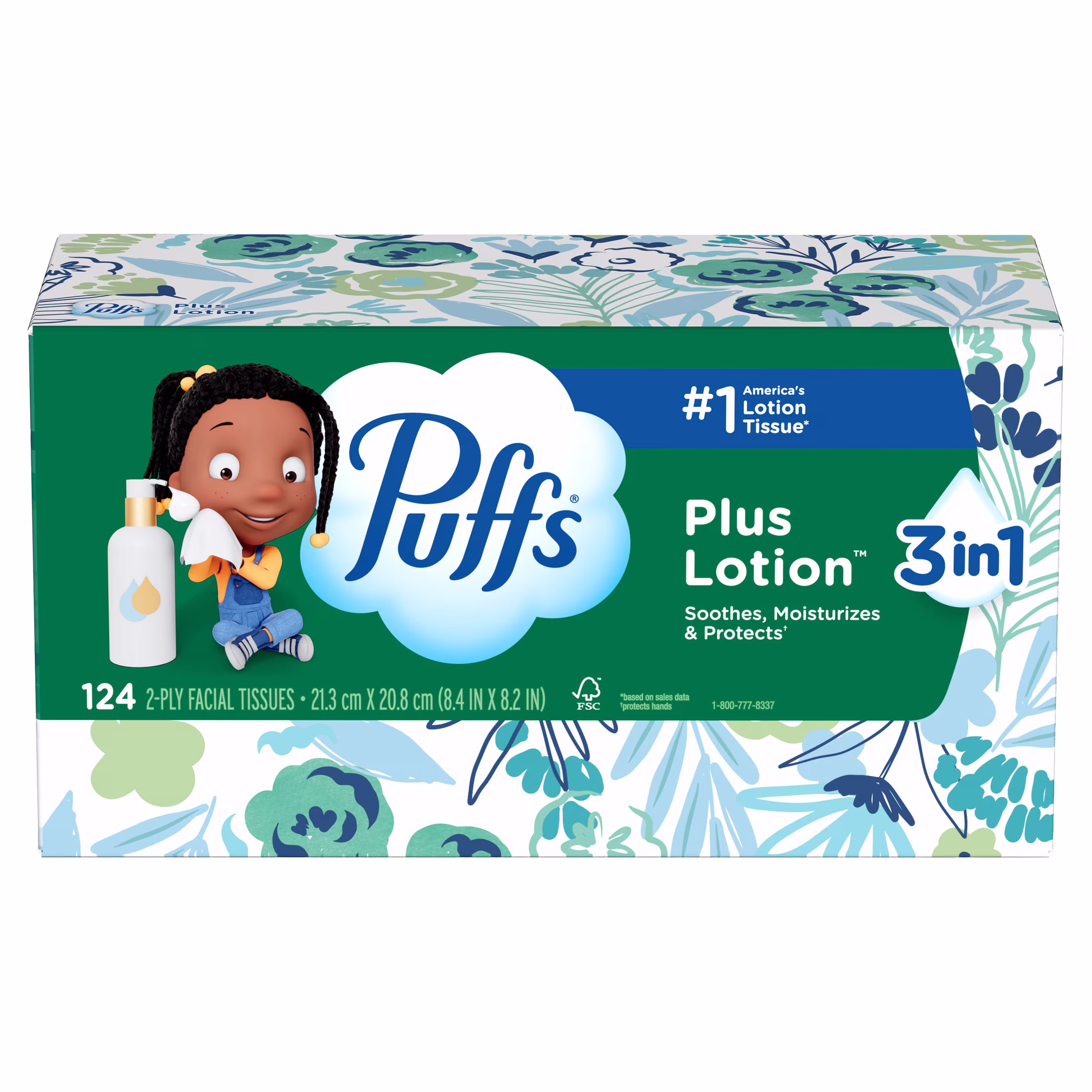 Puffs Facial Tissue Plus Lotion, 1 Rectangle Box, 124 Tissues Per Box