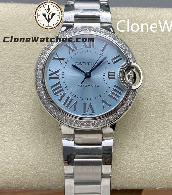 Cartier Super Clone Watches 1:1 Ballon Bleu de W4BB0028 Blue Dial Diamond Bezel 33mm