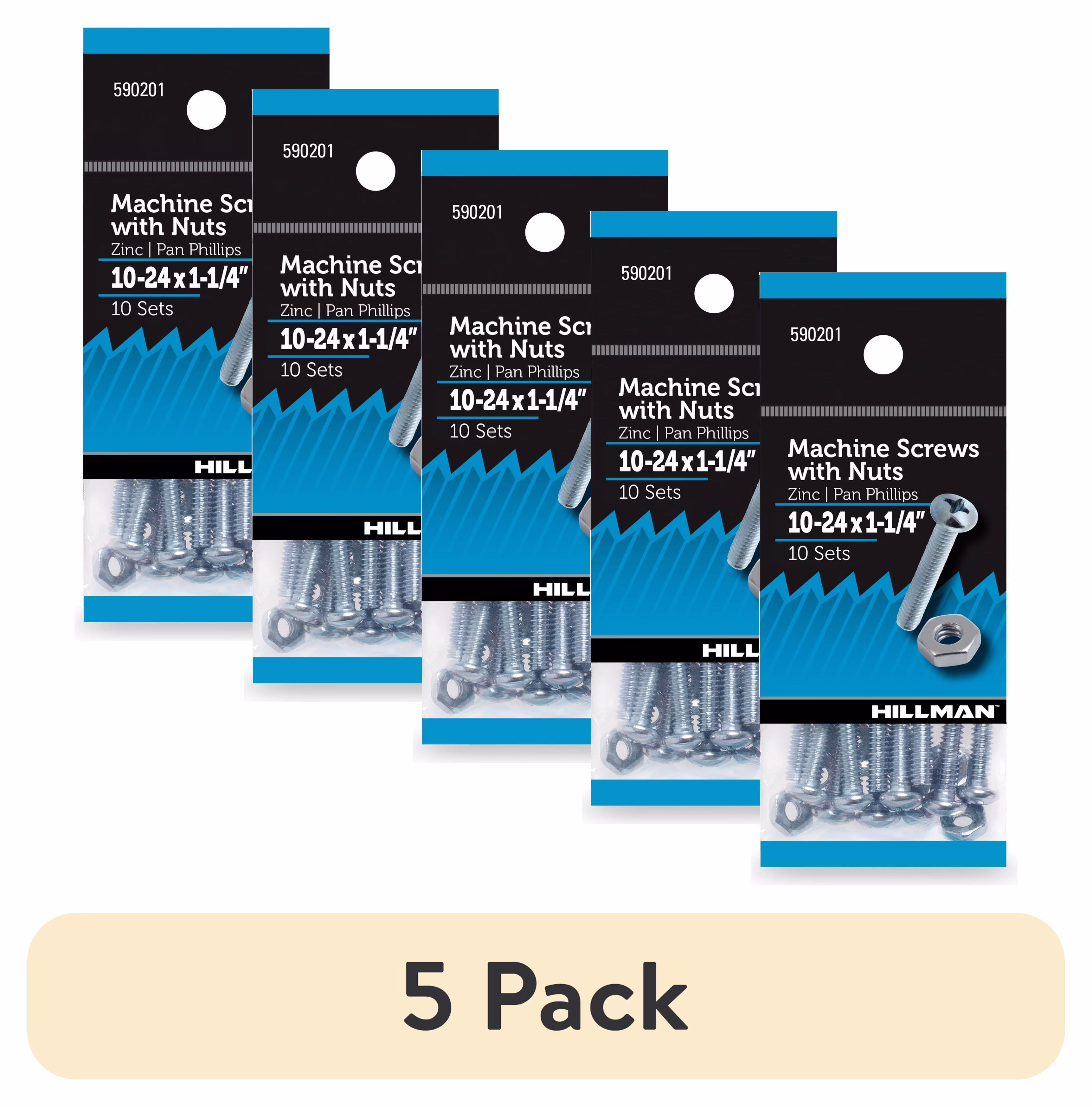(5 pack) Hillman Machine Screws, #10 x 1-1/4", Steel, Zinc, Interior, Phillips, Silver, 10 sets