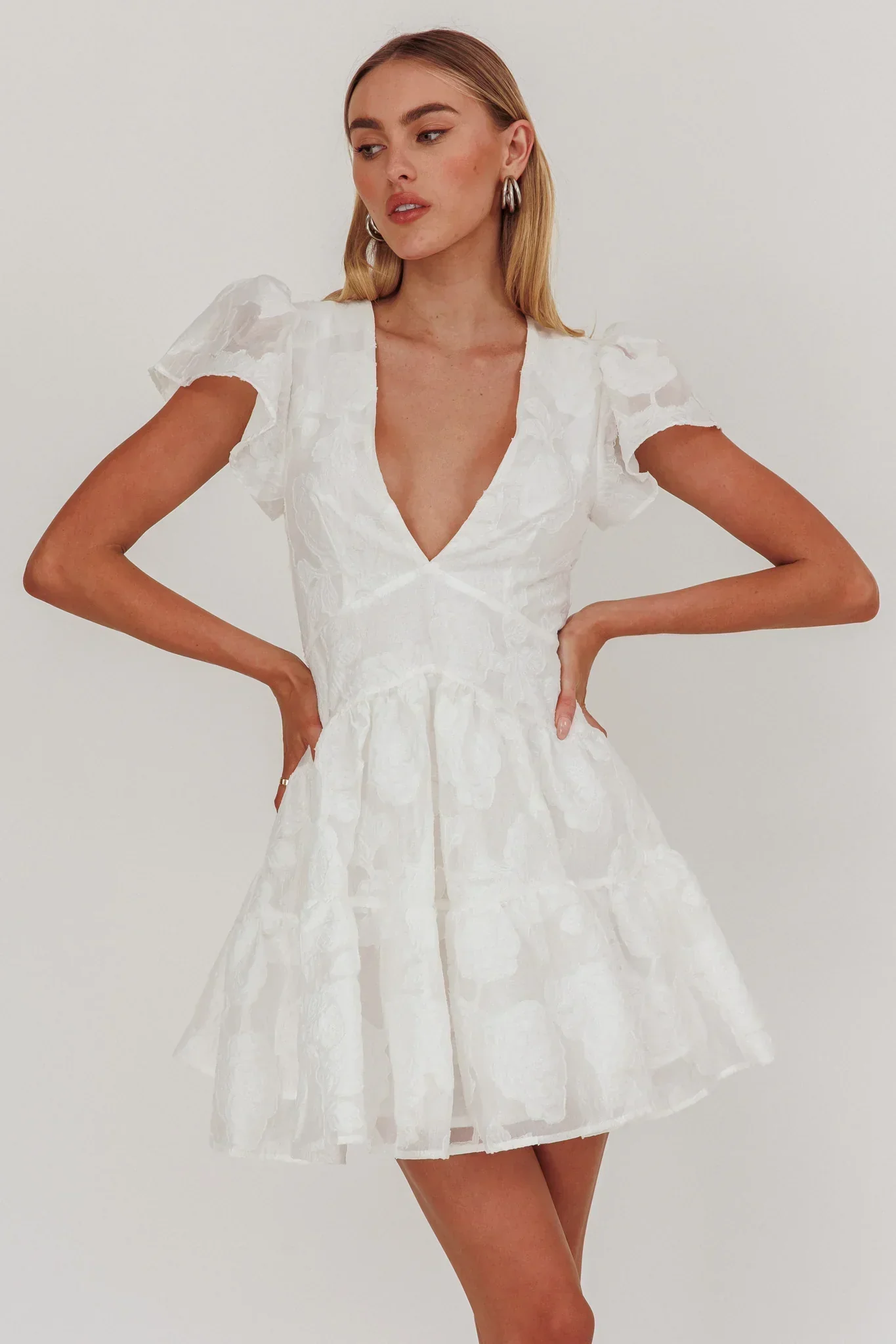 Irenna Ruffle Sleeve V-Neck Mini Dress Textured White