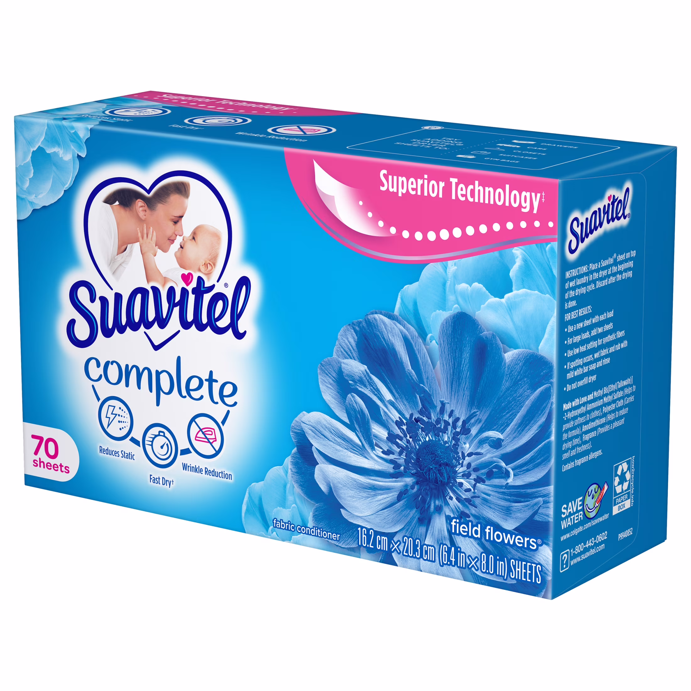 Suavitel Complete Dryer Sheets, Fabric Conditioner, Field Flowers, 70 Sheets