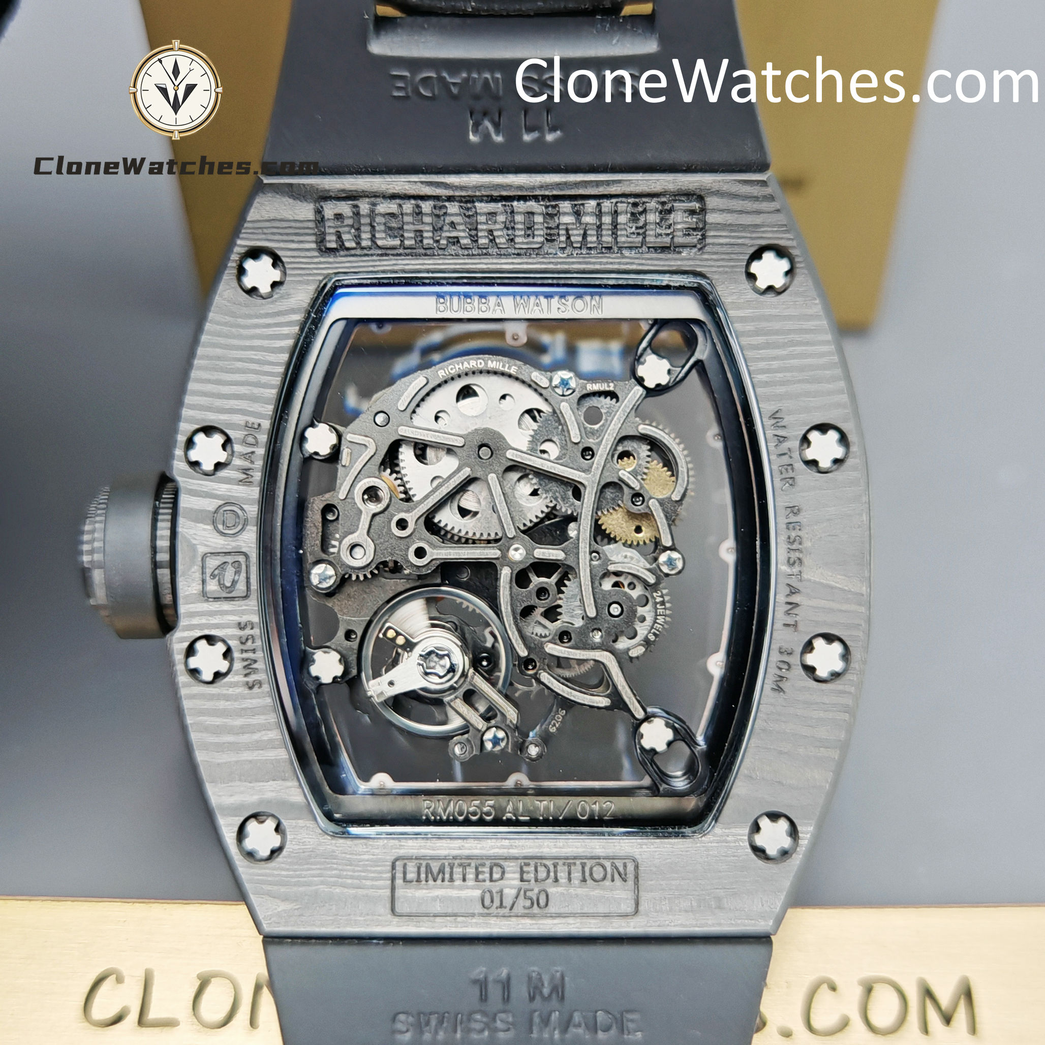 Richard Mille Super Clone Watches 1:1 RM 055 Carbon Tourbillon Black Strap