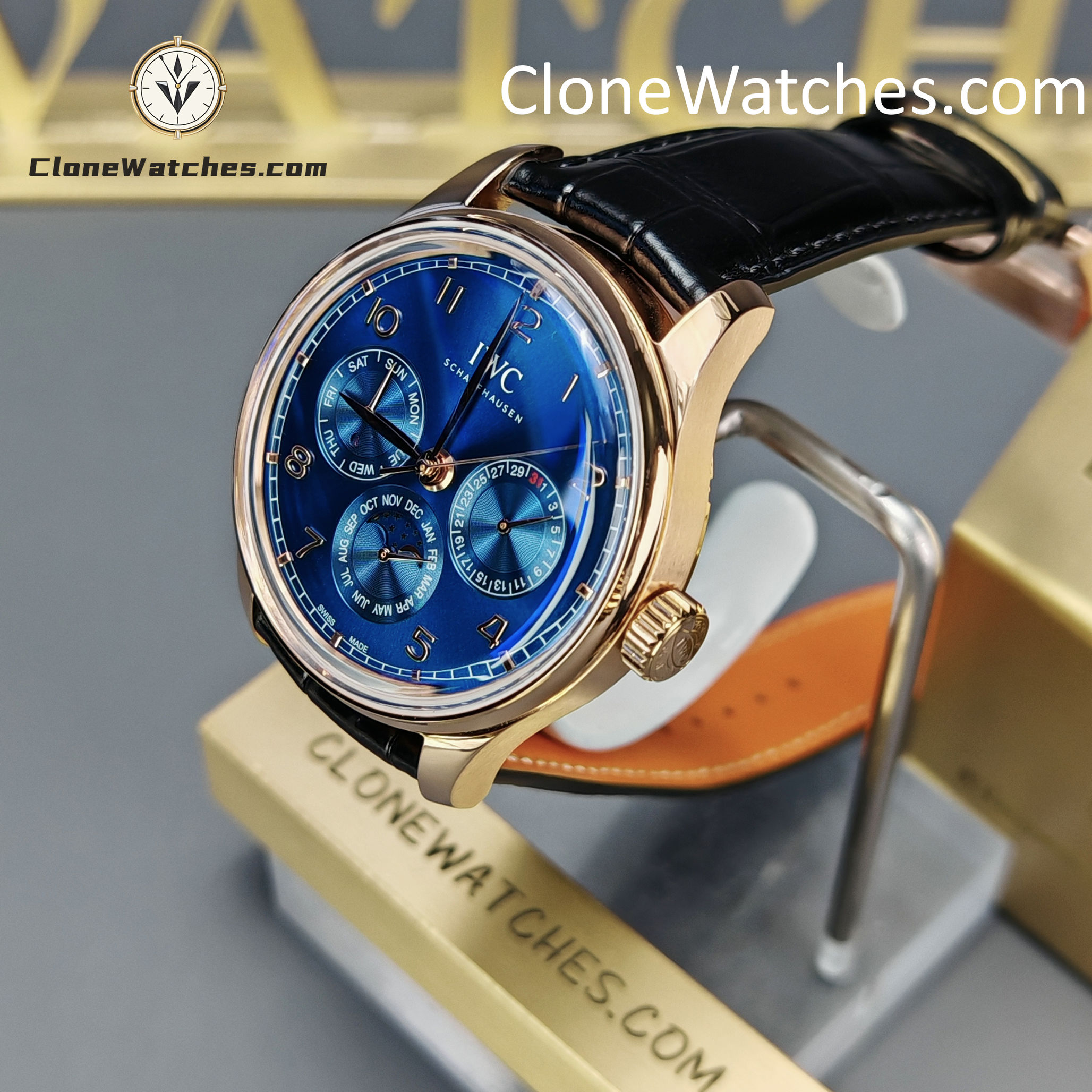 IWC Super Clone Watches 1:1 Portugieser Rose Gold Blue Dial Perpetual Calendar 42MM IW344205