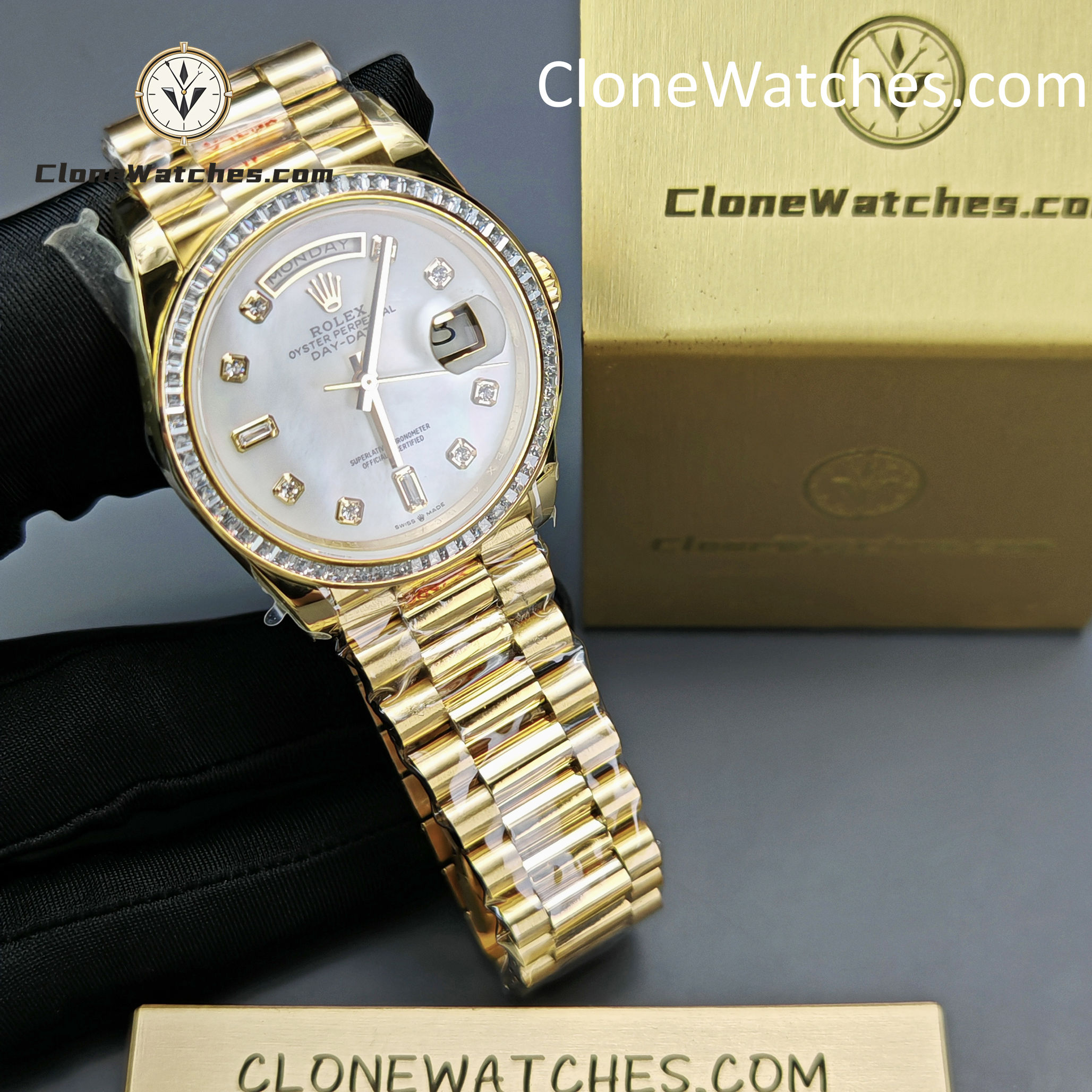 Rolex Super Clone Watches 1:1 Day Date Mother of Pearl Diamond Dial m128398tbr-0004 3255 Movement 36 mm