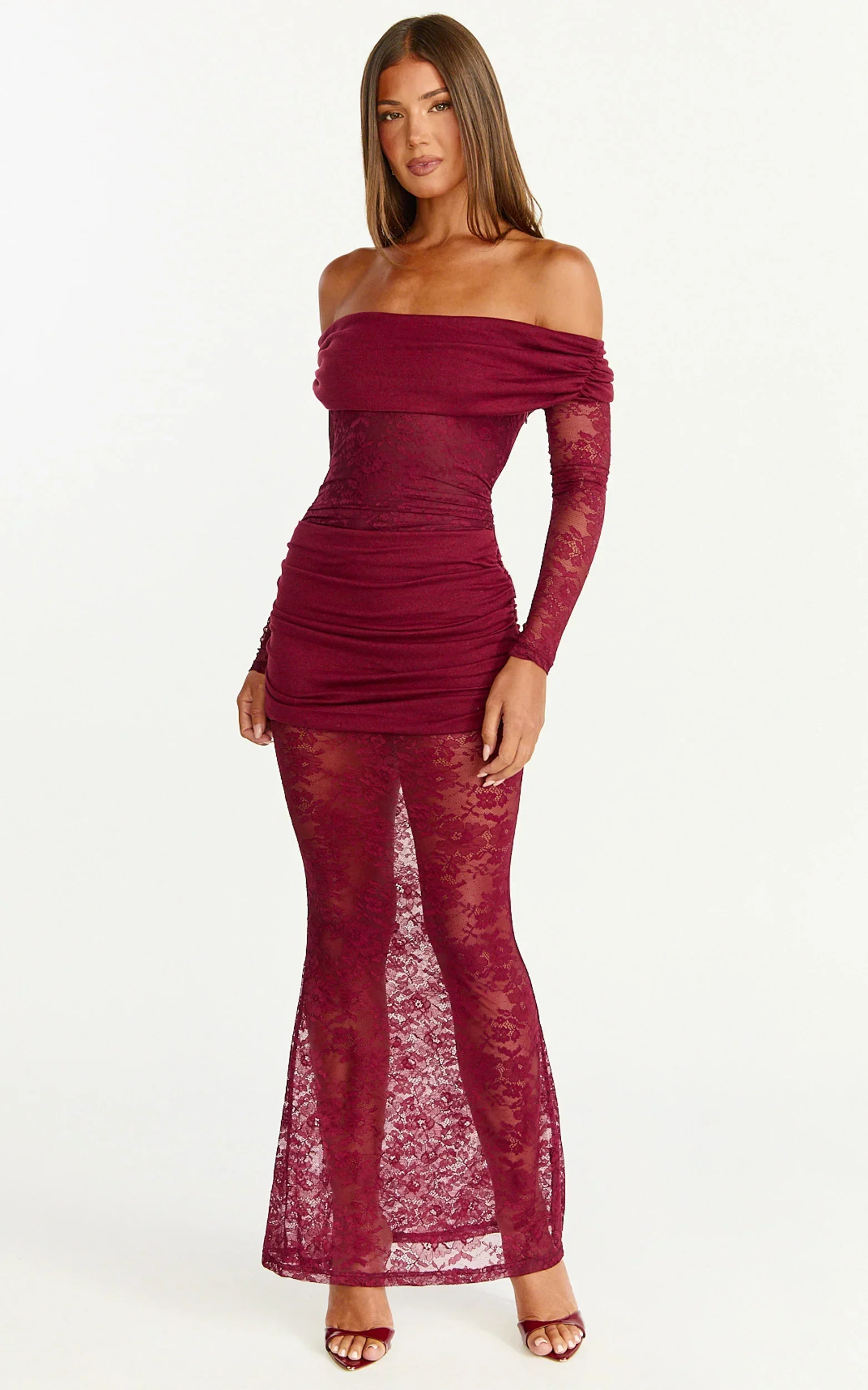 Juliet Maxi Dress - Off Shoulder Long Sleeve Ruched Overlay Lace Dress in Wine
