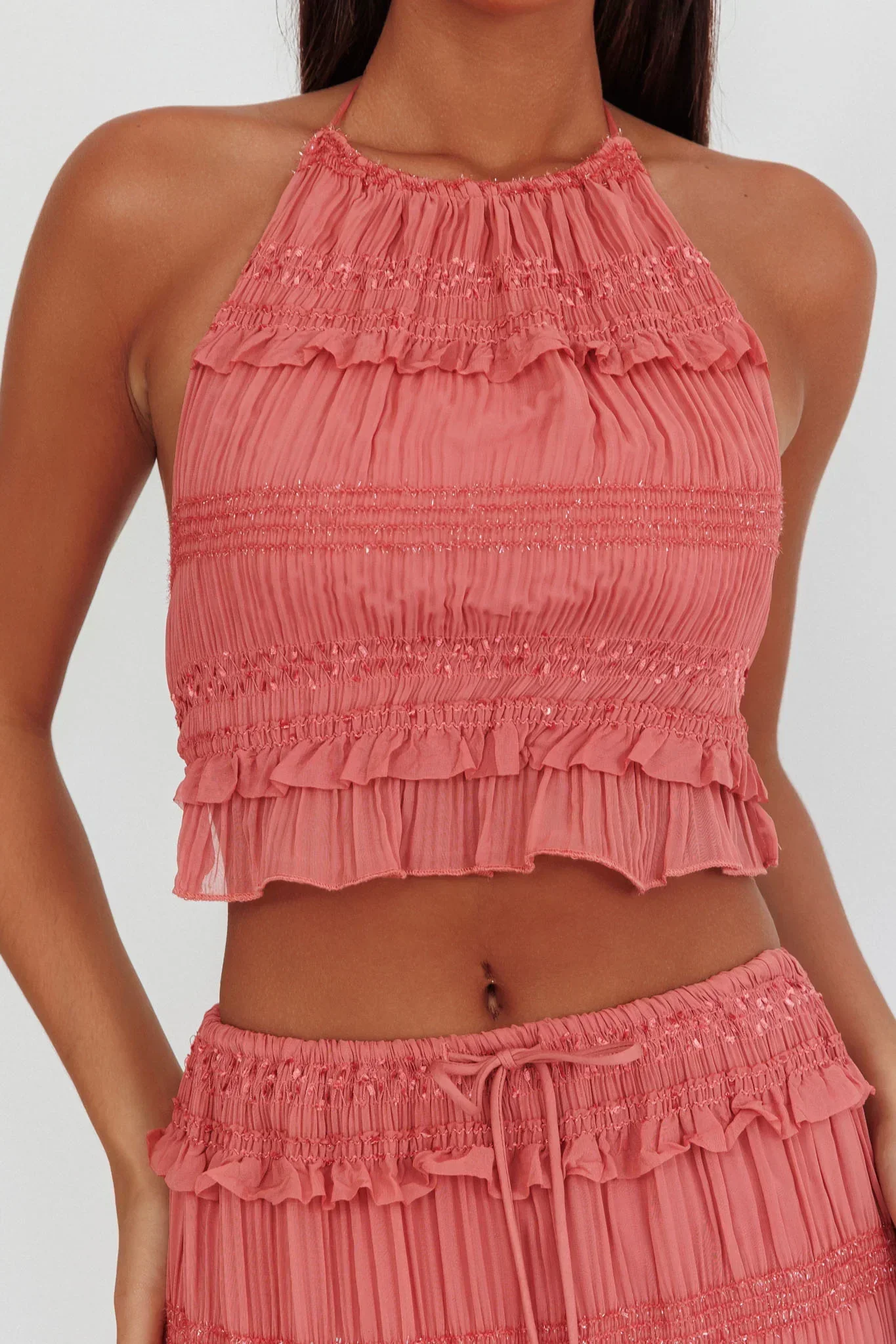Helios Halterneck Shirred Sequin Top Rose