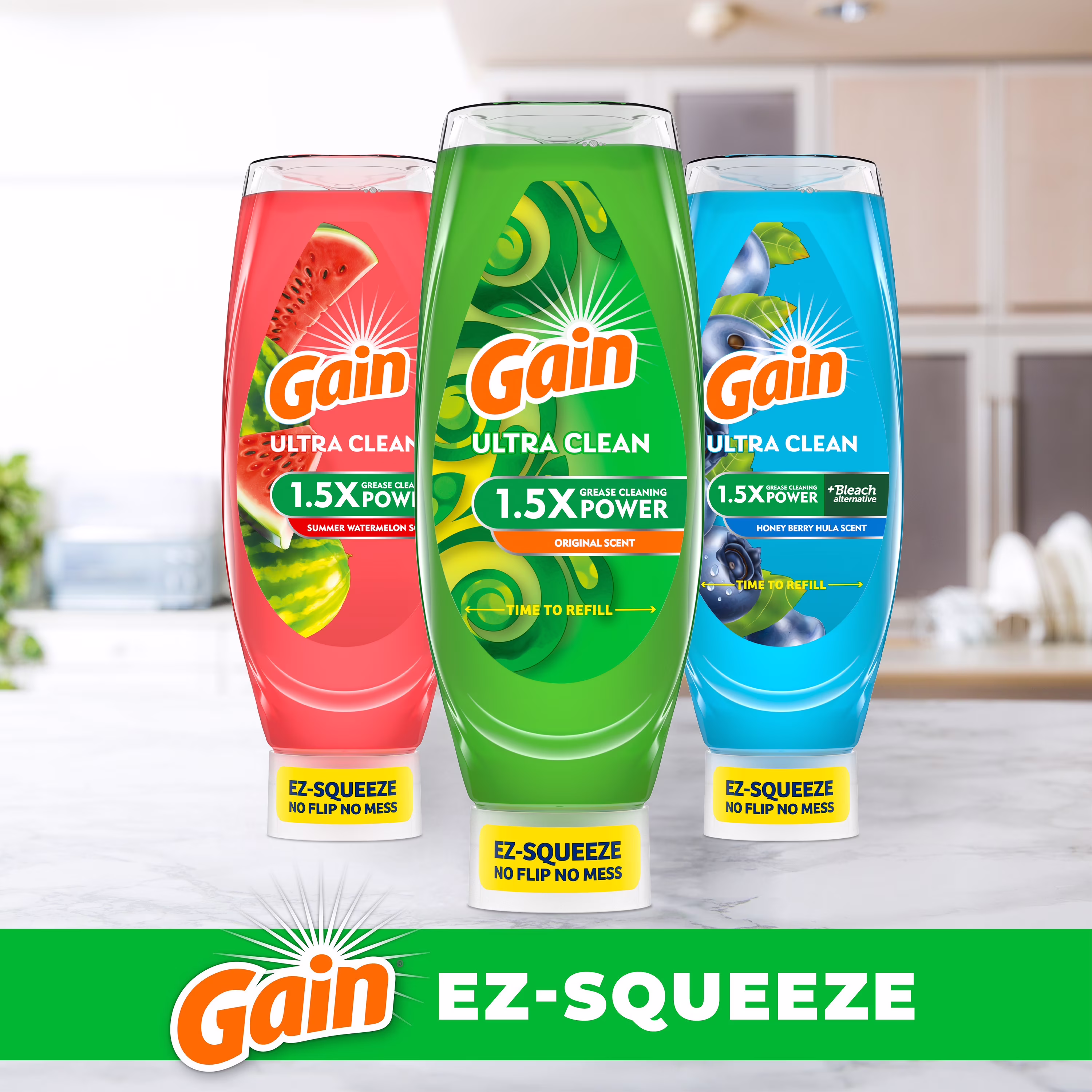 Gain Ultra EZ-Squeeze Dish Soap, Dishwashing Liquid, Grease Removal, Summer Watermelon, 14.7oz