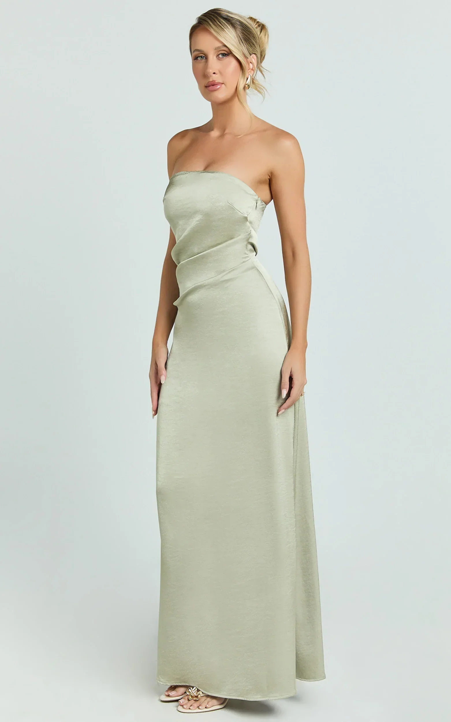 Laurie Maxi Dress - Strapless Draped Satin Dress in Light Olive