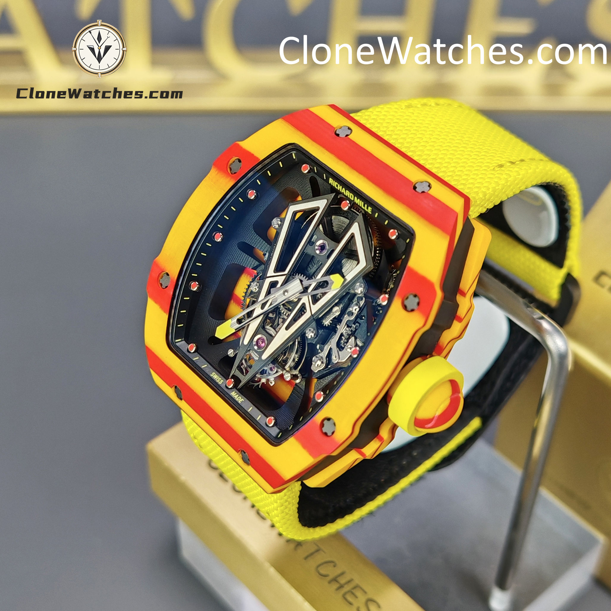 Richard Mille Super Clone Watches 1:1 RM 027 – 03 Tourbillon Rafael Nadal Yellow Strap