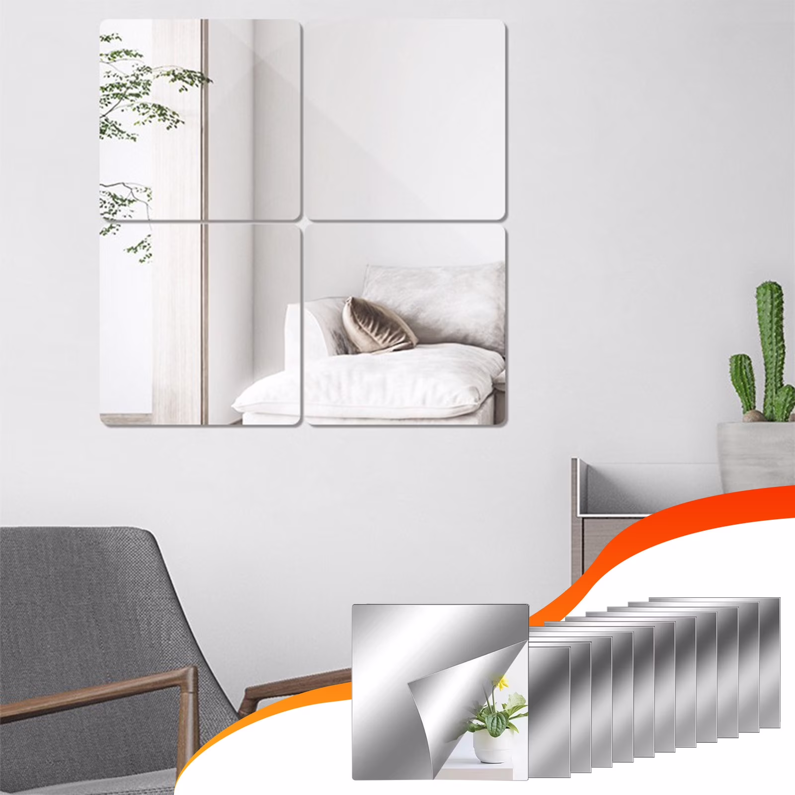 TOPRenddon 12-Pack Peel & Stick Mirror Tiles - 6x6 Inch Flexible Acrylic Wall Mirrors, Shatterproof DIY Decorative Stickers for Bedroom, Bathroom, Closet (Silver)