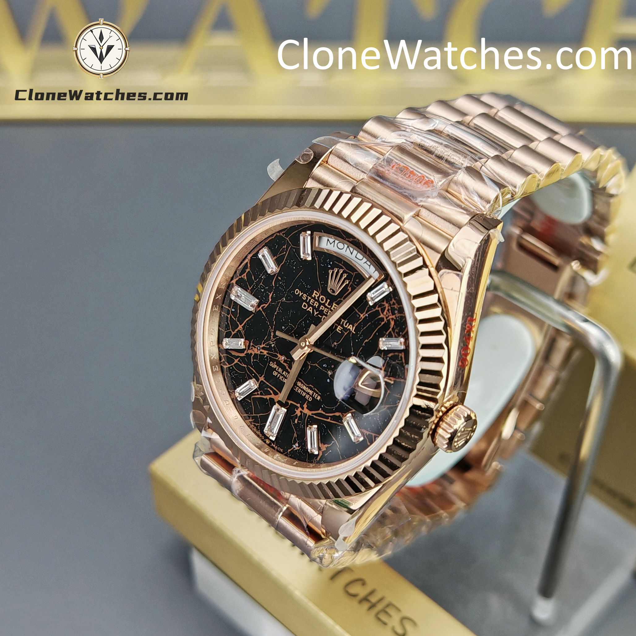 Rolex Super Clone Watches 1:1 Day Date 18K Rose Gold Black Diamond Dial 40mm m228235-0045 3255 Movement