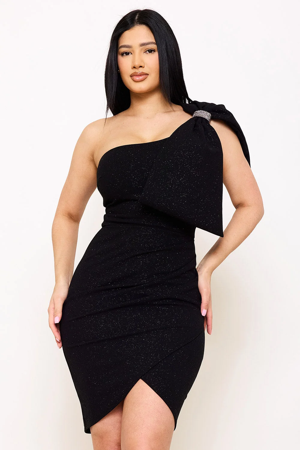 Symphony Dress - Extra Large Bow On One Shoulder Glitter Mini Dress