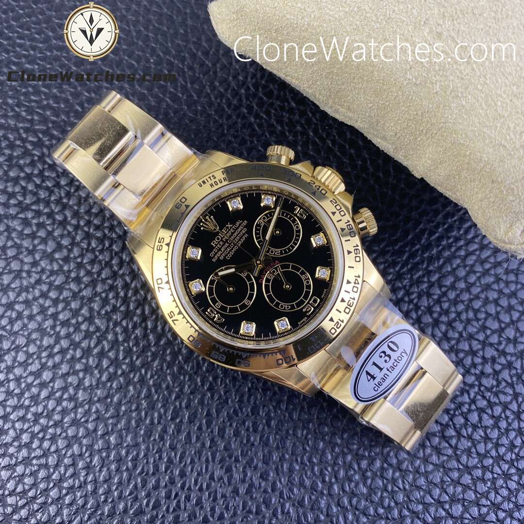 Rolex Super Clone Watches 1:1 Daytona 18K Gold Black Diamonds Dial M116508-0008 4130 Movement