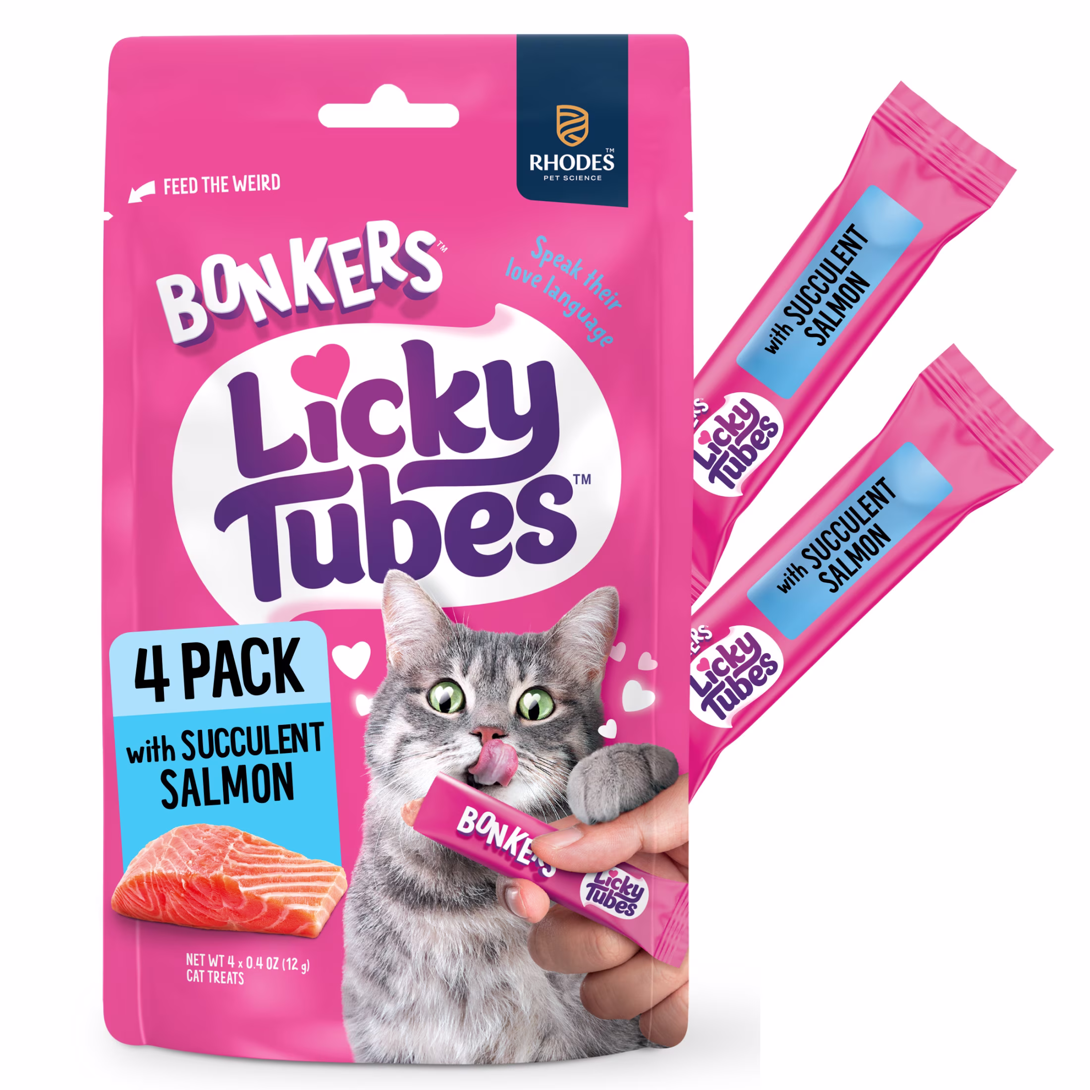 BONKERS Licky Tubes Salmon Flavored Wet Lickable Treats for Cats, 4 Pack