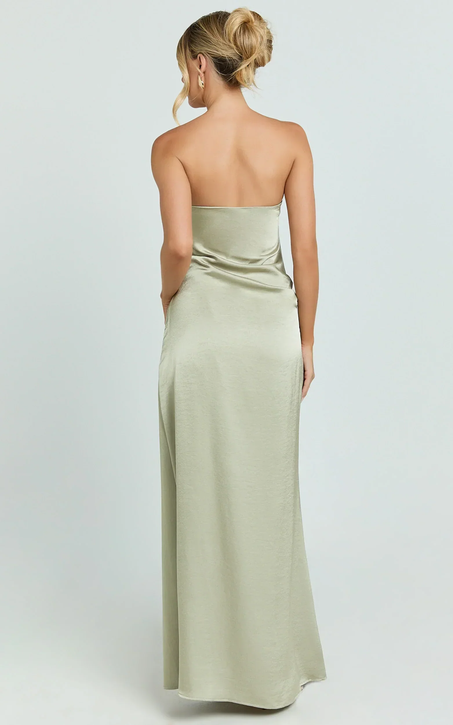 Laurie Maxi Dress - Strapless Draped Satin Dress in Light Olive